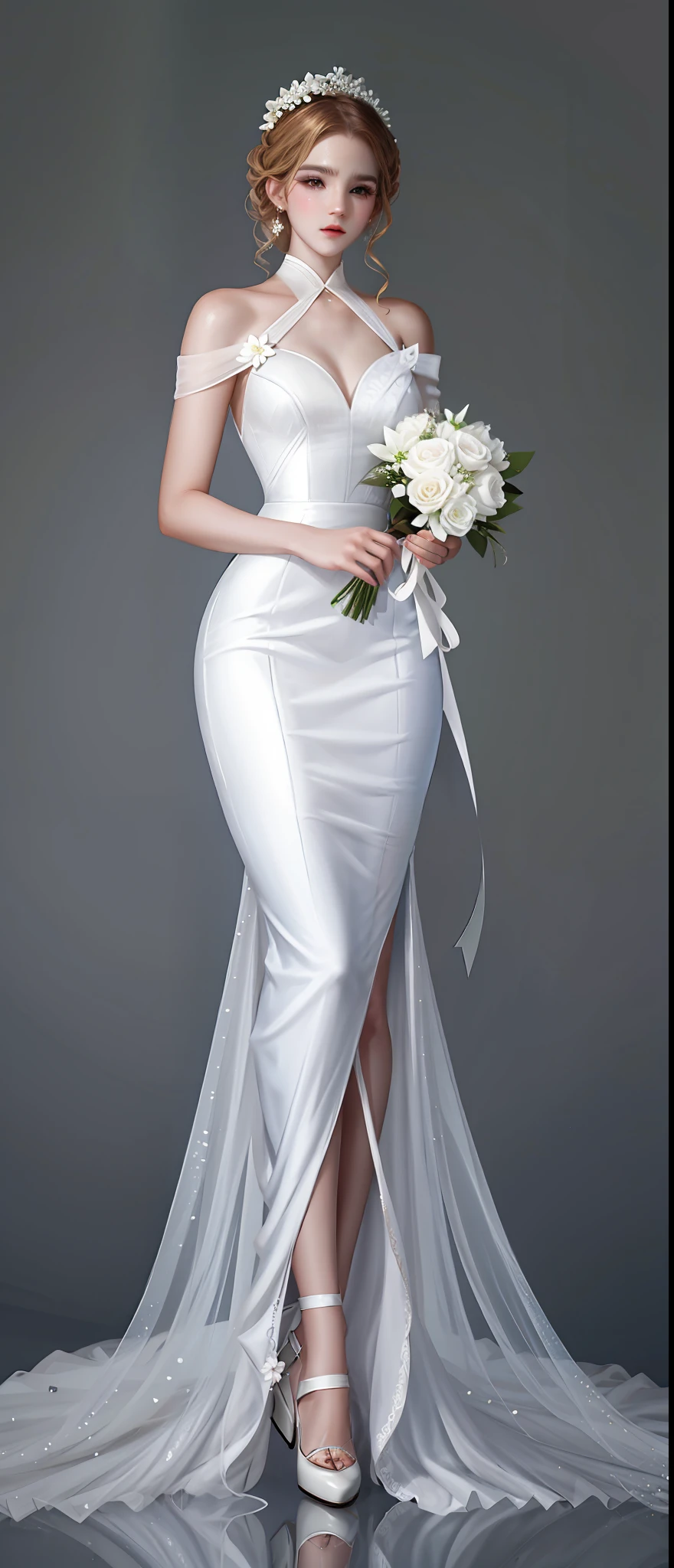 Arad woman in white dress,holds a bouquet of flowers, elegant glamor pose, jia, White gown, digital art of an elegant, inspired by Sim Sa-jeong, full-body xianxia, detailled image, Emma Watson as Greek goddess, Emma Watson as Blond Aphrodite, Full body portrait, soft elegant gown, elegant smiling pose