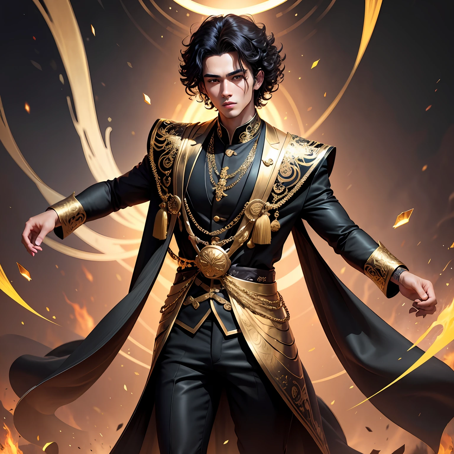 3d oriental handsome black as the main color gold embellished clothes apocalypse black curly hair full body looking in one direction super handsome young handsome guy --auto