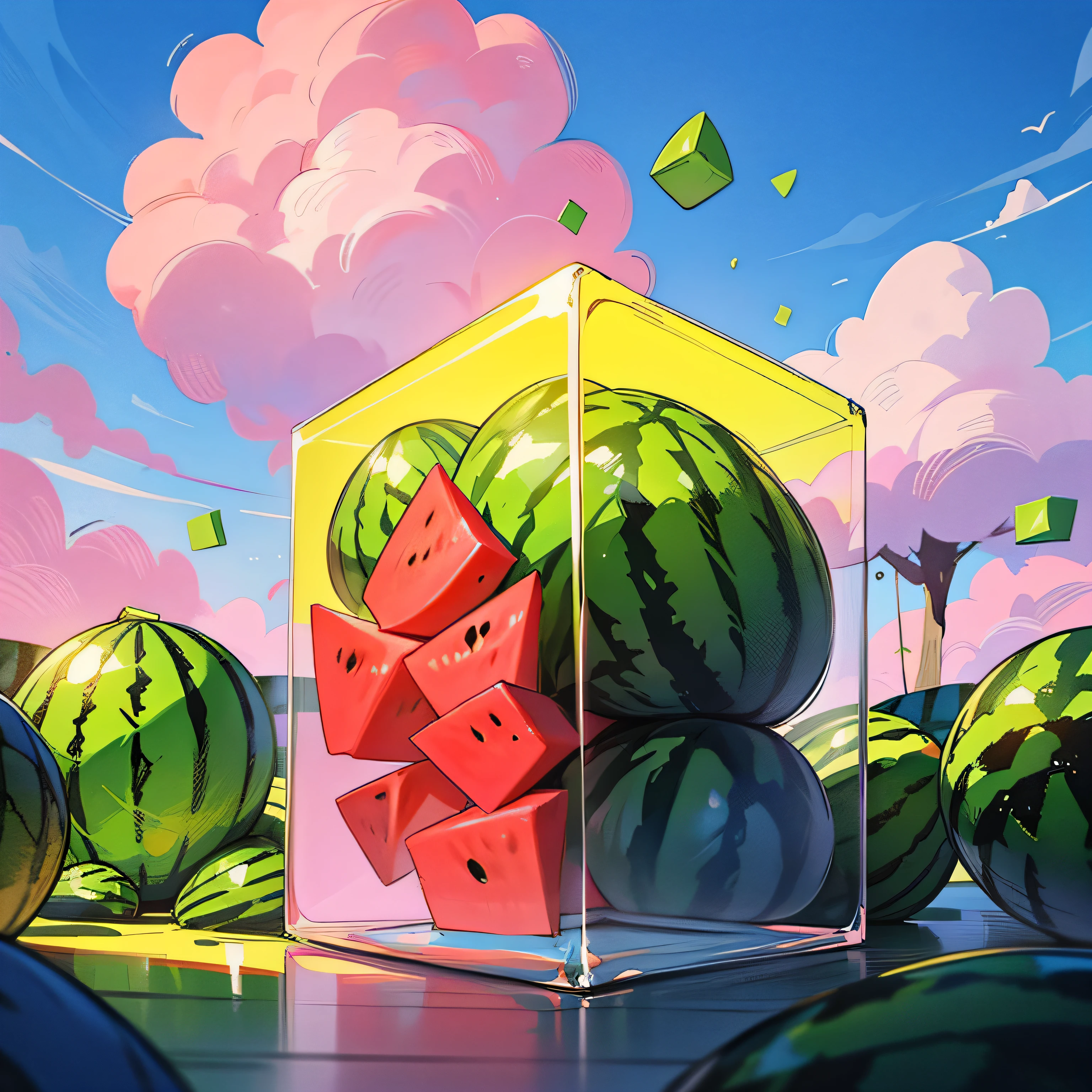 Illustration style, Cube watermelon, clear cups, pink-sky, Green plants dotted。 --auto