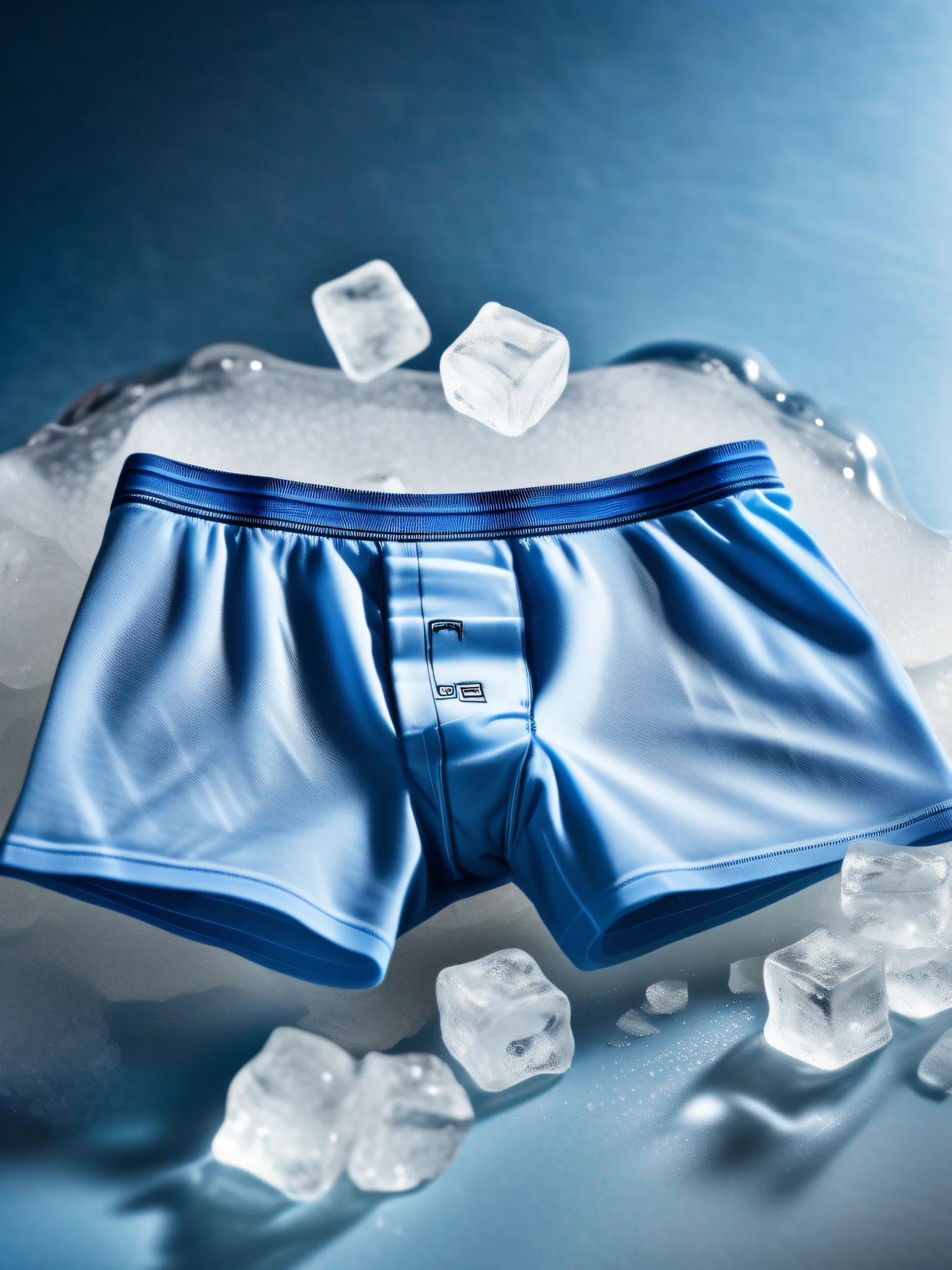 Product photography, four seamless gray blue boxer shorts on ice, ice cubes, water, natural light, realistic photography, product photography, high-definition, details, central composition