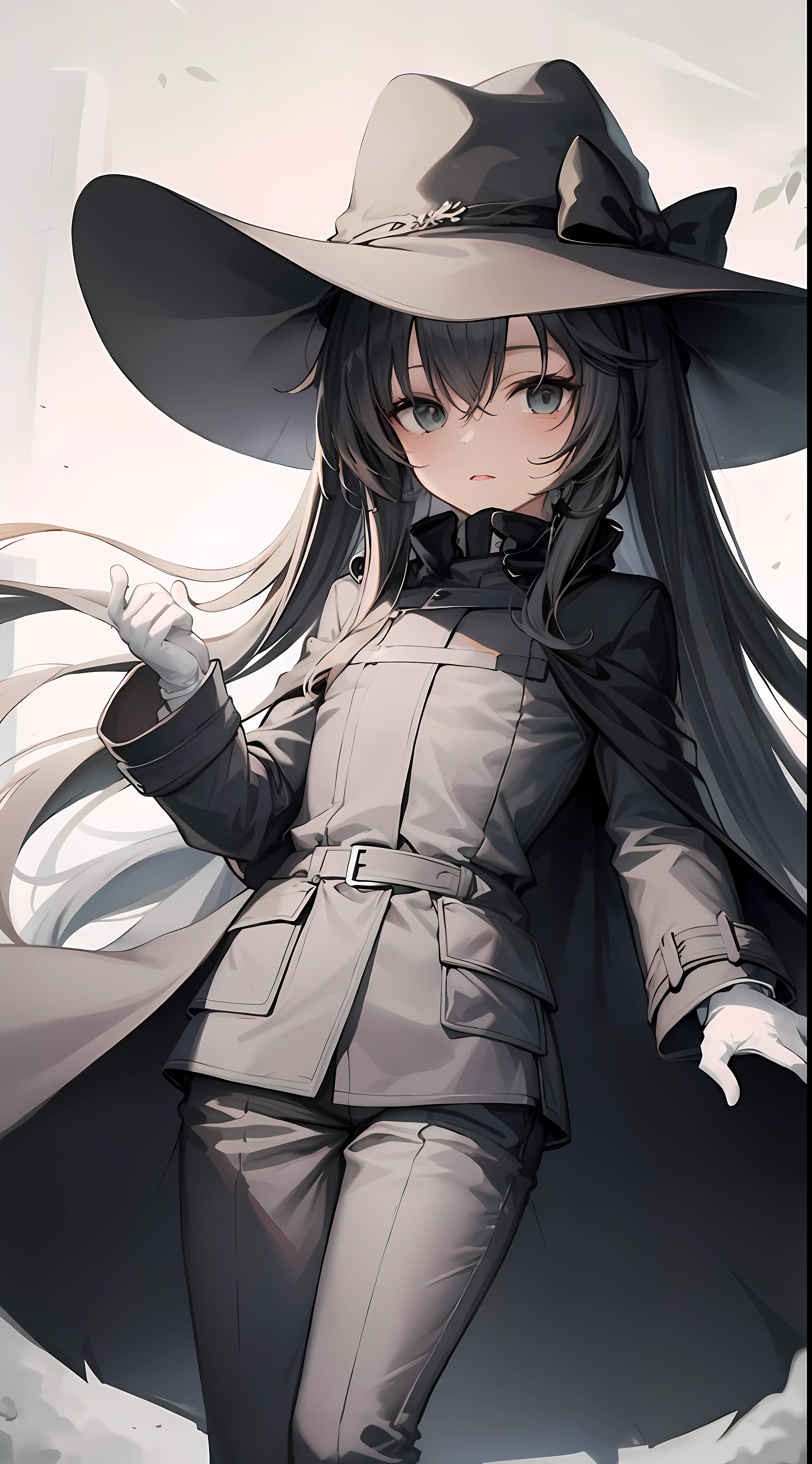 Anime girl in hat and coat，wearing black clothes and cape,White gloves，