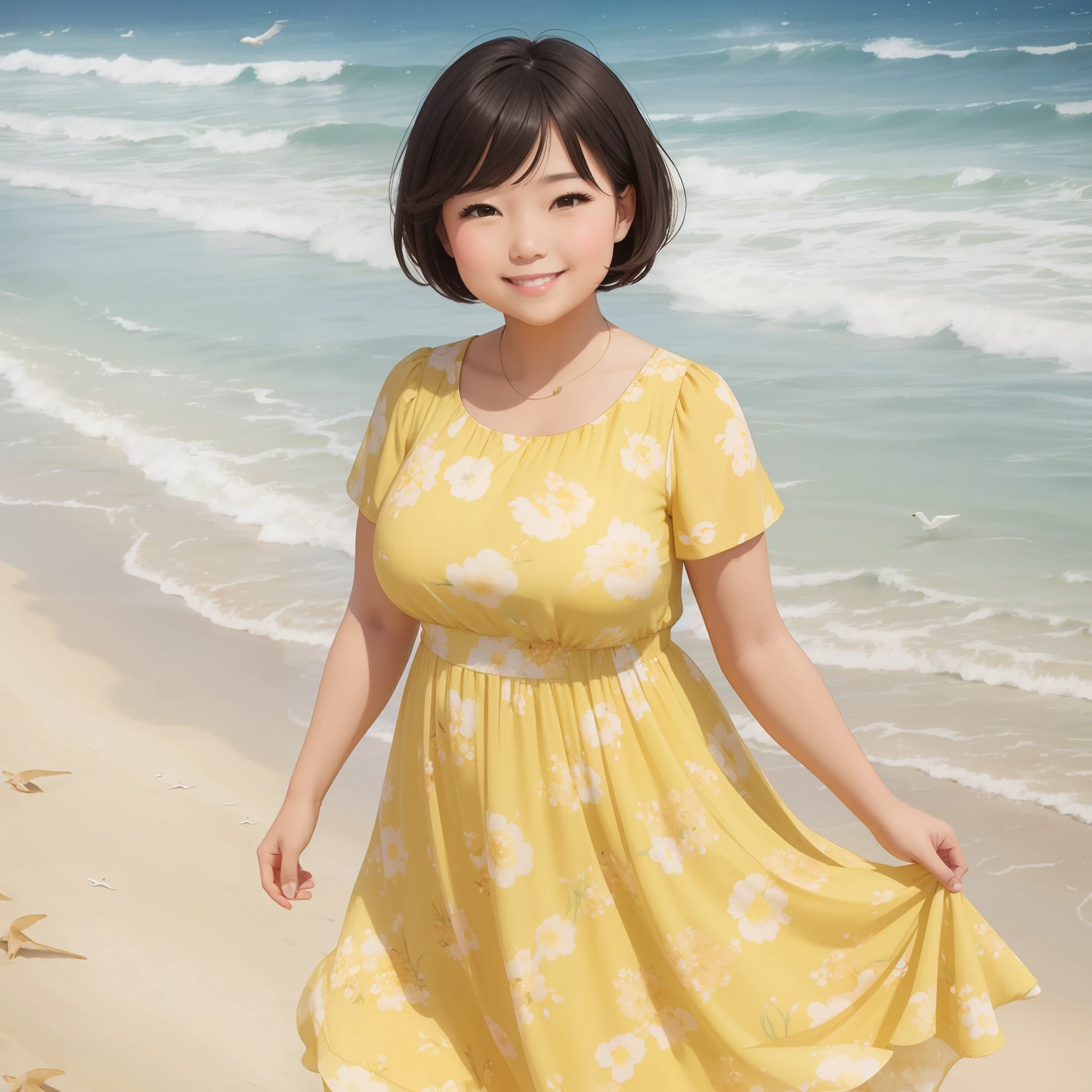 short detailed hair,Slightly fat,Yellow floral dress,beachside,Goose egg face,Smile sweetly --auto