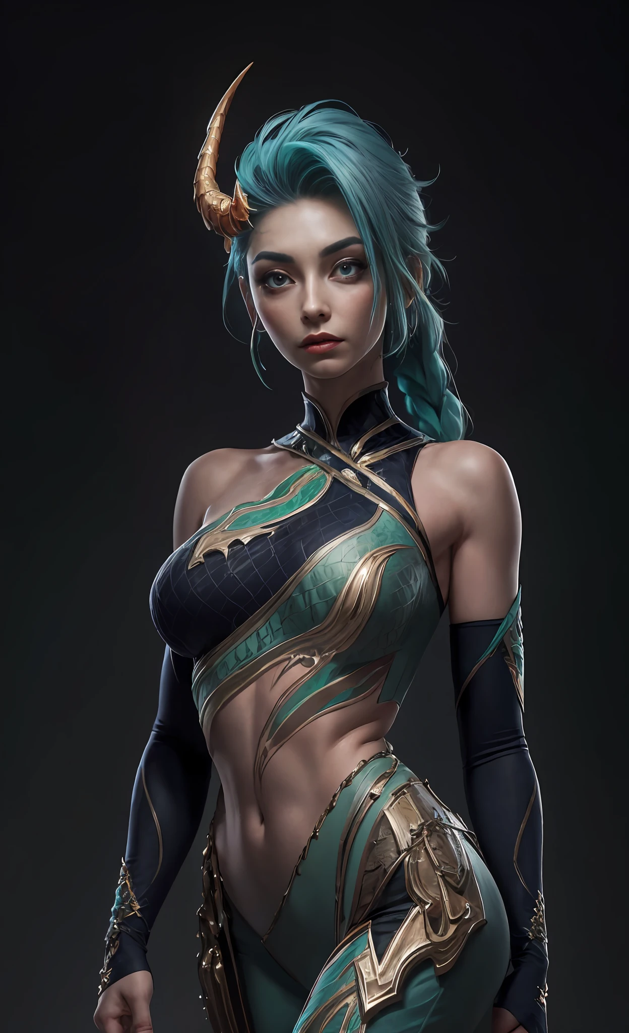 ((A tall girl stands upright, holds his hand in front of him and points forward;)), peeking out from under his forehead, BREAK, (Dark background, Bamboo forest), (Slim_thights:1.3), ((big breastes)), Slender_thights, aqua hair, 1girl, 独奏, (Miniature body:1.4), generous cleavage, detailed anatomy, the perfect body, Detailed body, detailized face, Beautiful anatomical eyes. BREAK Kaisa Dragon Lagoon,  The BREAK is very detailed, Intricately detailed art, Artstation's Detailed Triadic Color Trend in Unreal Engine 5, 8K resolution, deviantart masterpiece.