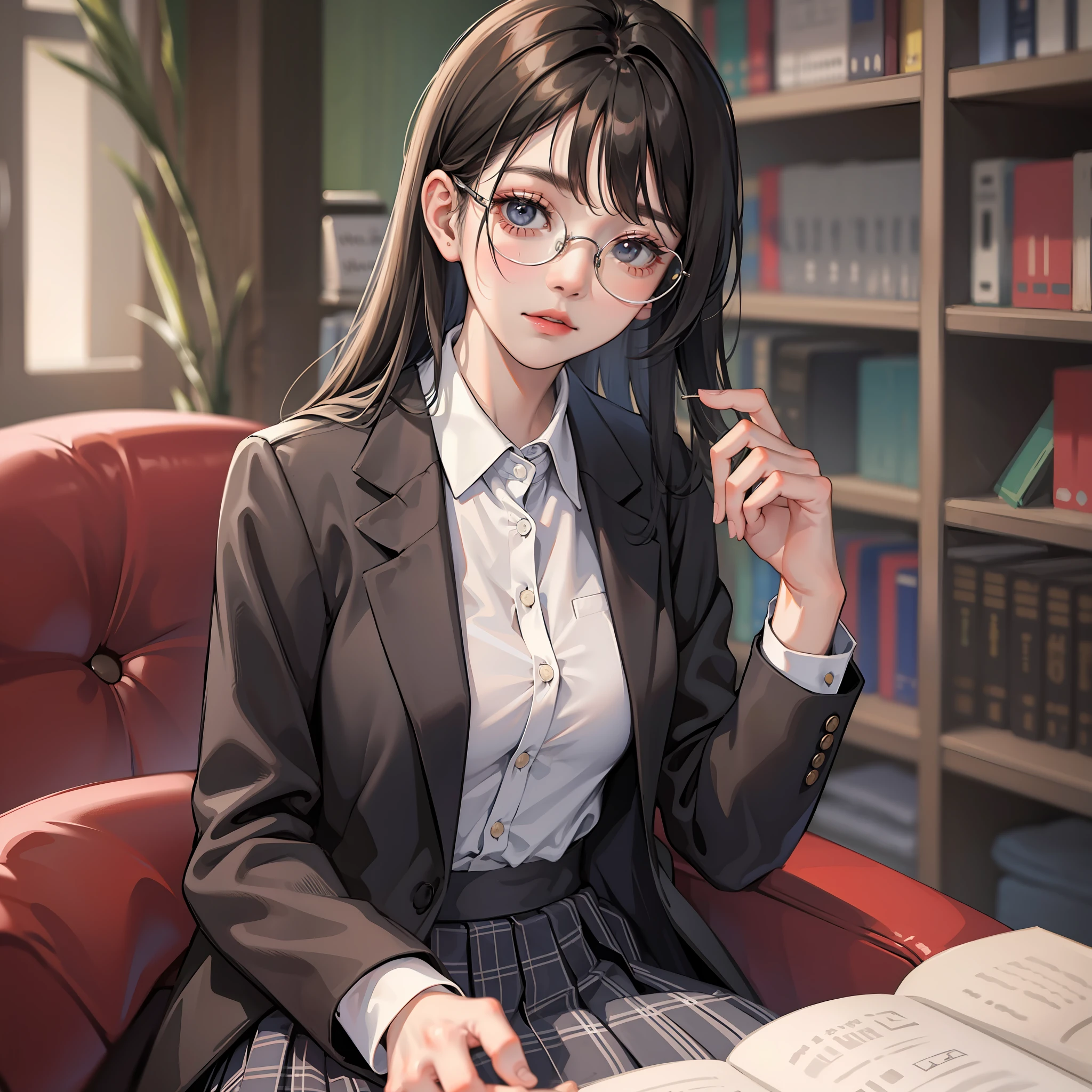 Korean preppy style, Parted bangs, circle glasses, Dress school uniform, Dark gray open jacket, Dark gray blazer, Pleated skirt, long plaid skirt,Read a book in the library, The morning sun pours,Shy and quiet girl, Reserved and dignified,looking at the distance, Extremely detailed hair, intricately details, Best quality, realisticlying,Need,tmasterpiece