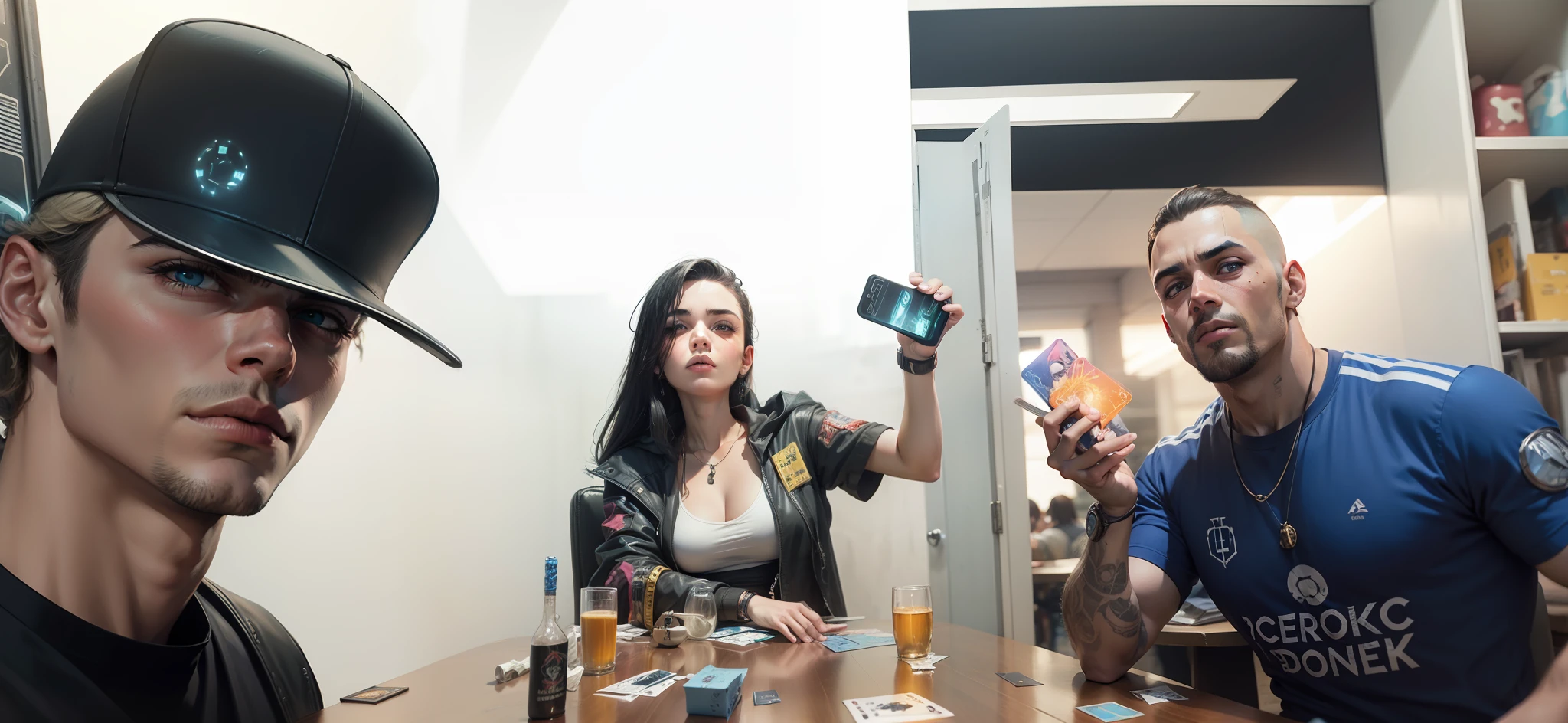 Lindos, melhor qualidade, cyberpunk, fantasia, cartas, jovens, Cards in hand, baralho, 8k, olhos acessos, olhos vemerlhos