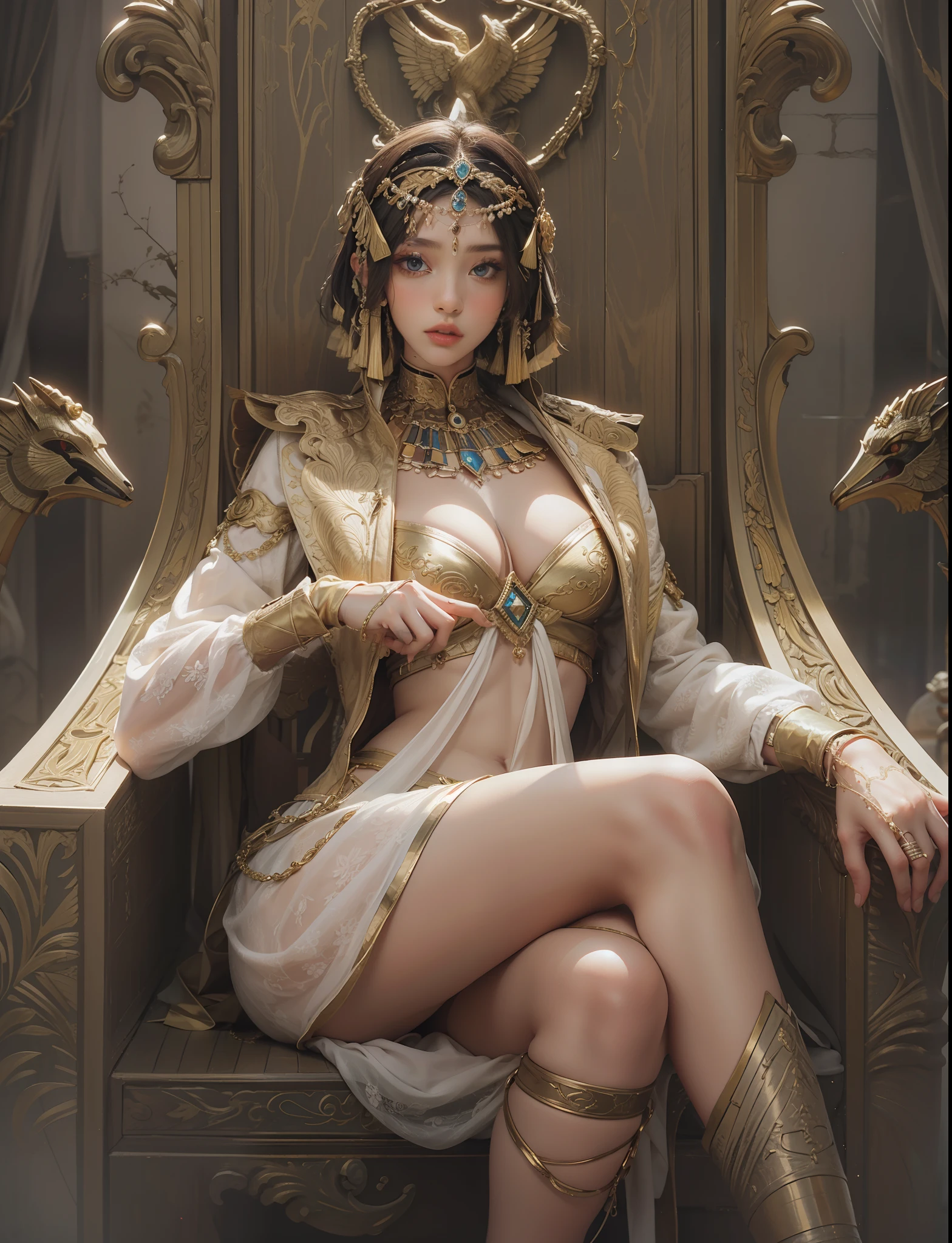 brunette color hair,Raised sexy,short detailed hair,egyptian style,Raised sexy,Royal Sister,Beautuful Women,Royal Sister,offcial art,Unity 8k wallpaper,The background glows,ultra - detailed,Aesthetics,tmasterpiece,best qualtiy,realisticlying,illuminating,Frankness,photore,A high resolution,4K,8K,Photoreal