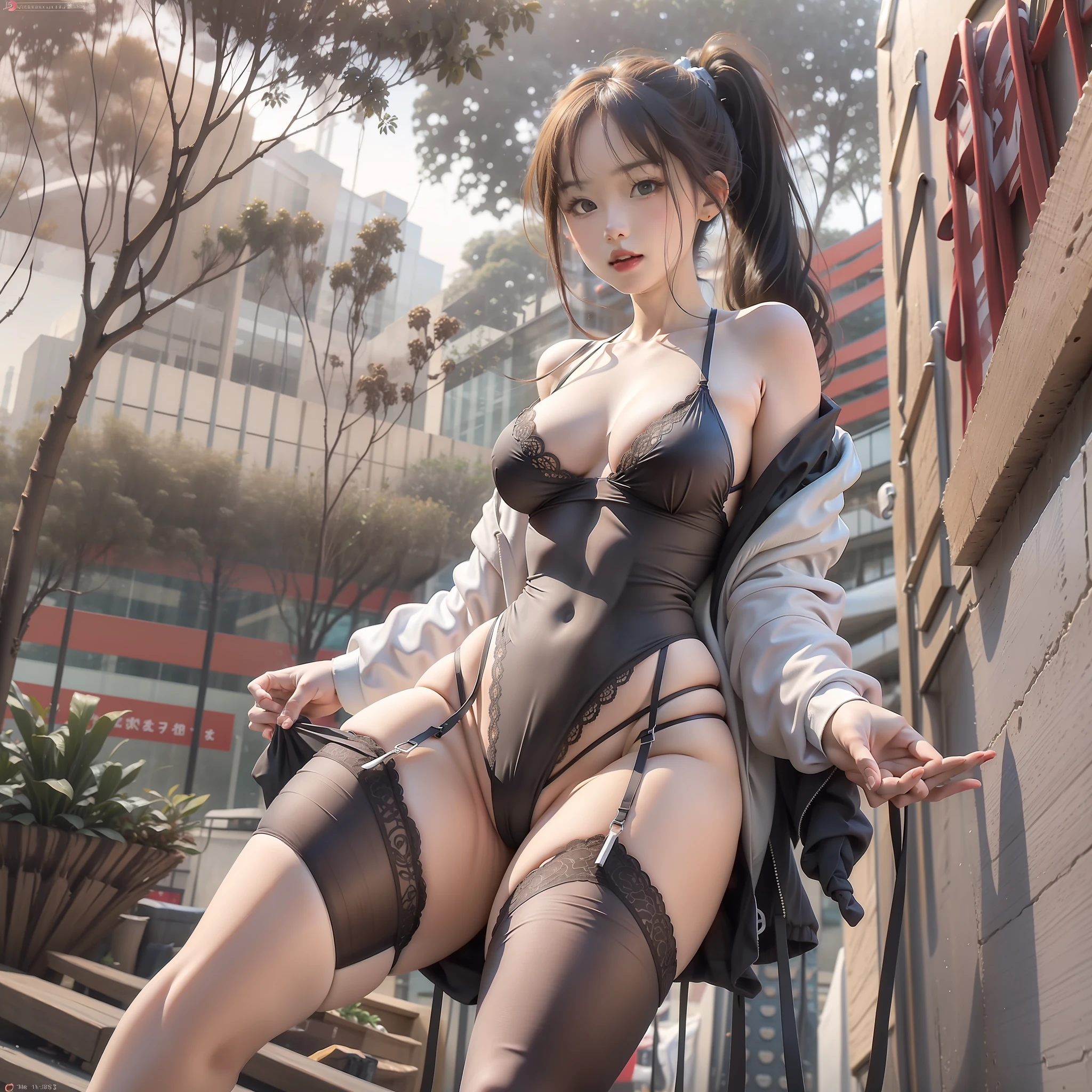 exquisite face，Realistic face， swimsuit panties, Clear lace arms, Stockings, High ponytail, Erection slits，Panties with extremely narrow slits，Cute hip，Slender legs，Thighs apart