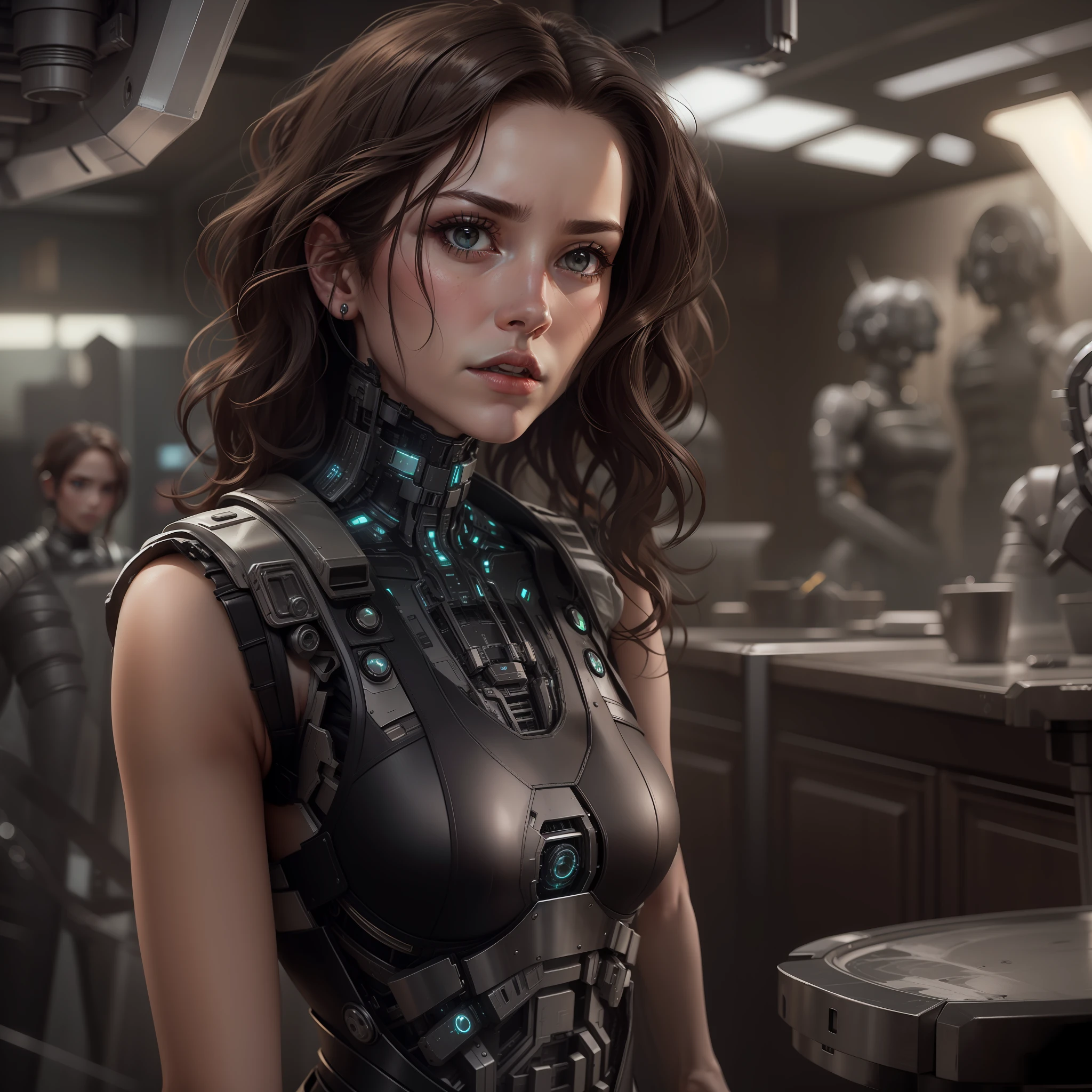 Emma Lawrence, now assimilated into the Borg collective, retains her shoulder-length wavy brown hair and expressive hazel eyes. Her once delicate features are now accentuated with Borg cybernetic implants on her oval-shaped face. The implants on her nose and full lips are minimal, preserving the remnants of her humanity. Her average height and slender build are now augmented with a blend of Borg technology and her restaurant attire. Her simple black dress and white apron are replaced with a Borg exoskeleton, while still maintaining the silhouette of her former self.