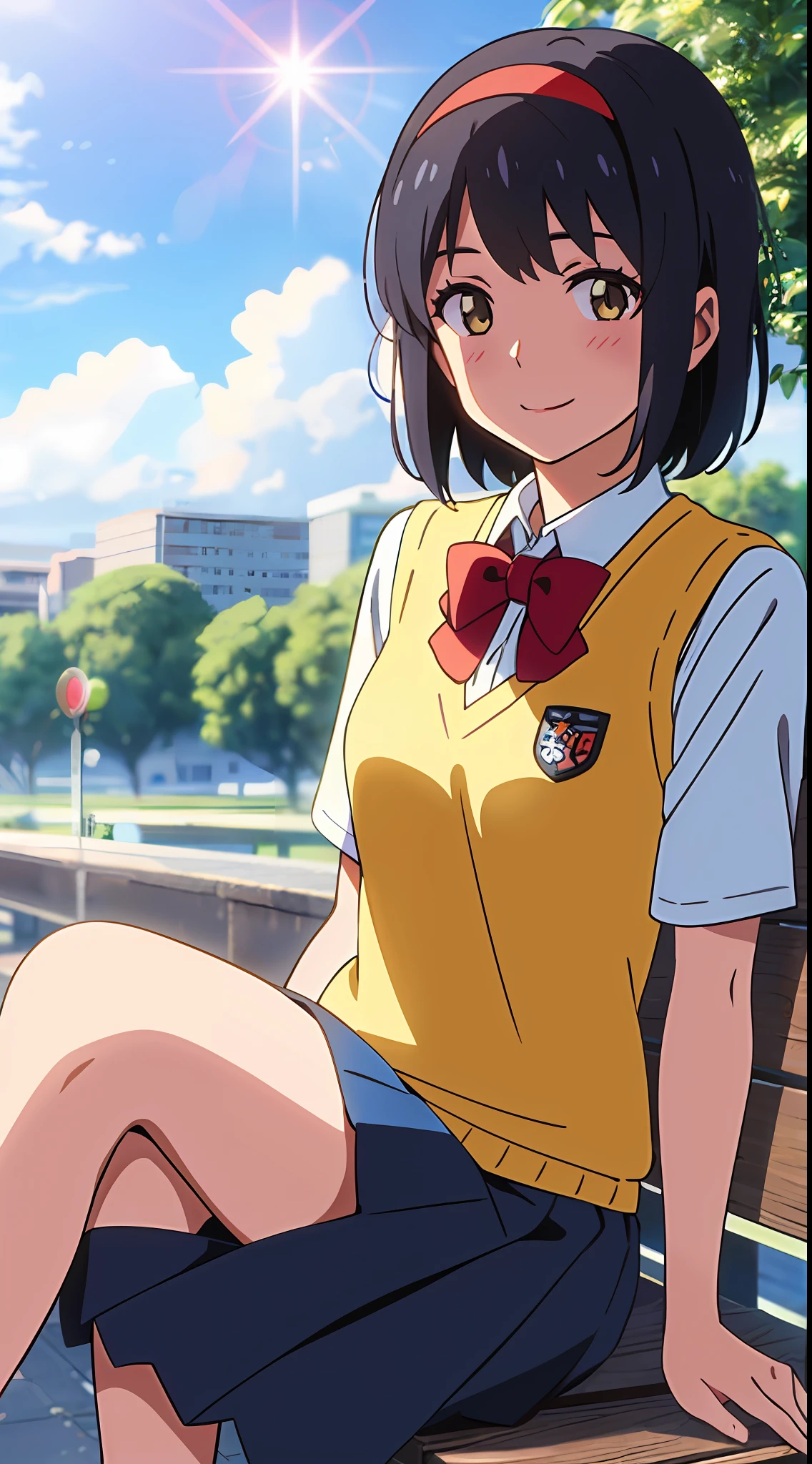 shinkai makoto, kimi no na wa., 1girl, bangs, black hair, blue sky, blush, bow, brown eyes, shiny skin, cloudy_sky, sunlight, collared shirt, headband, looking at the viewer, cowboy shot, red bow, red headband, red ribbon, Ribbon, school uniform, shirt, short hair, smile, shadow, solo, sweater vest, upper body, vest, white shirt, yellow sweater vest, yellow vest, smile, happy, open mouth, lens_flare, sitting on a bench with her feet up, afternoon hangout, sitting down casually