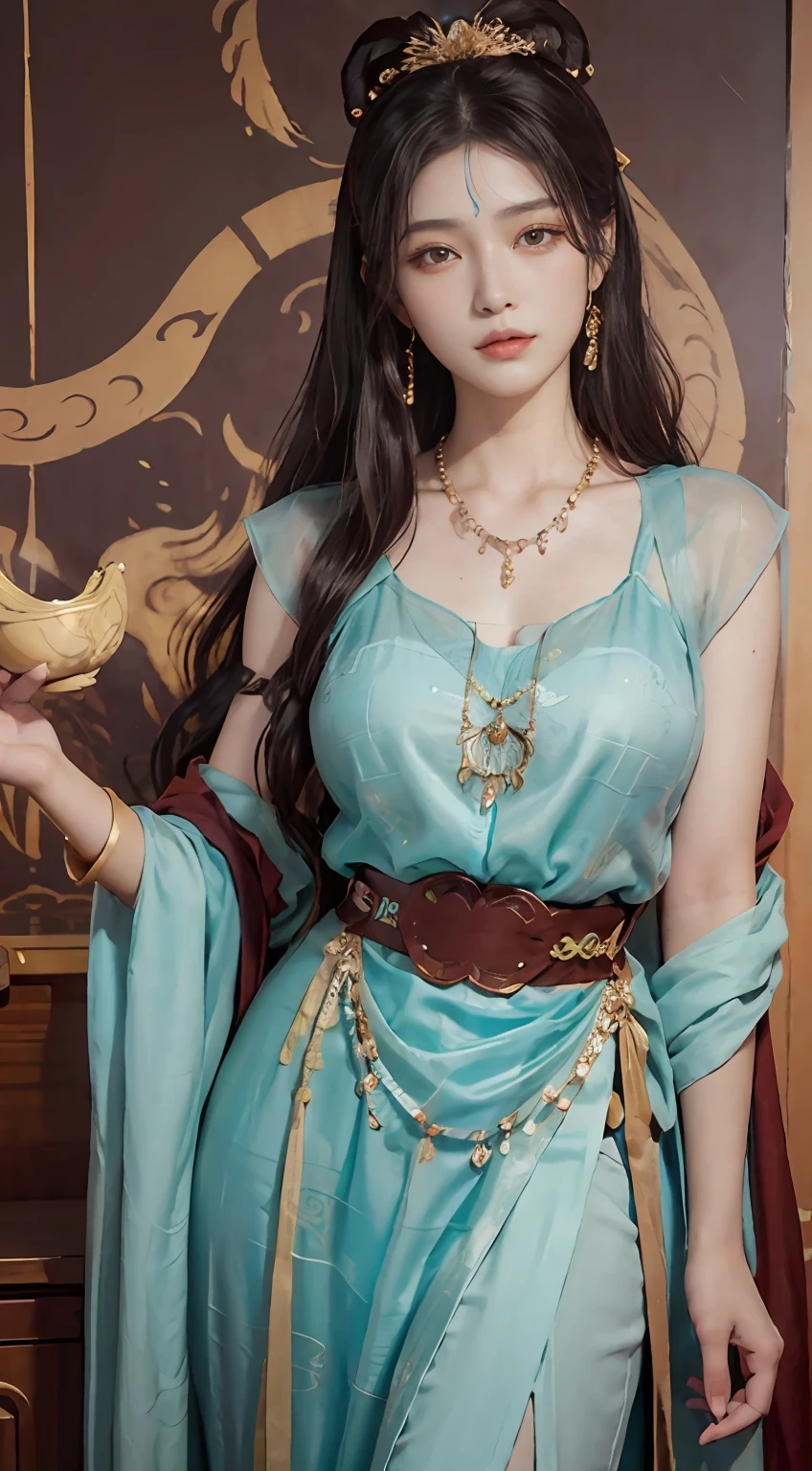 (tmasterpiece：1.3)，best qualtiy，A high resolution，A tall and beautiful woman，Densely textured skin，fine double eyelids and bright eyes，Dark brown wavy hair，dunhuang_dress,dunhuang_clothes,Around the belt，Wearing a necklace，Presents beautiful facial details and skin texture。