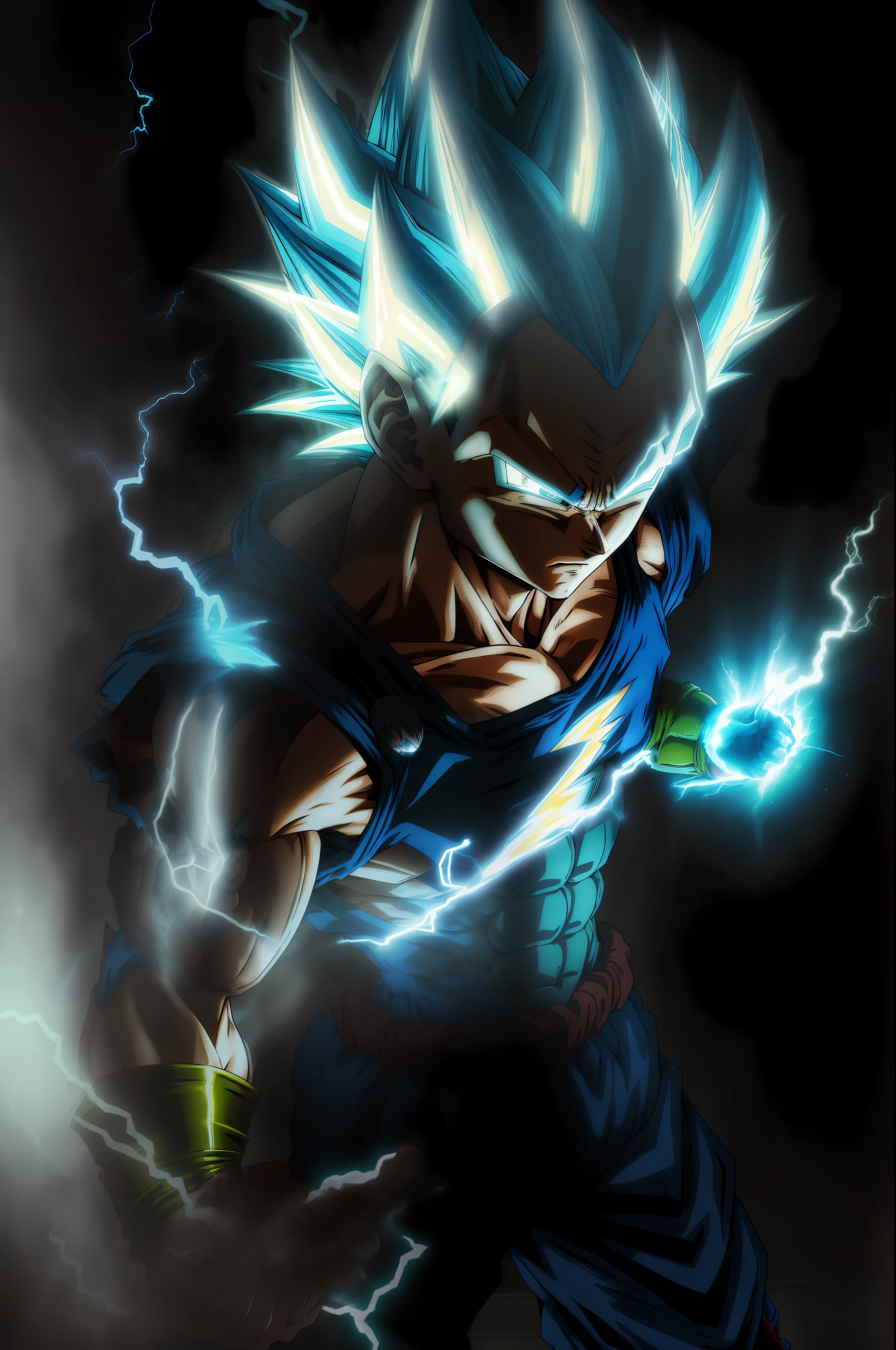 masterpiece, best quality, Vegeta super Saiyan blue, blue hair Blue Lightning Point one's finger at oneself