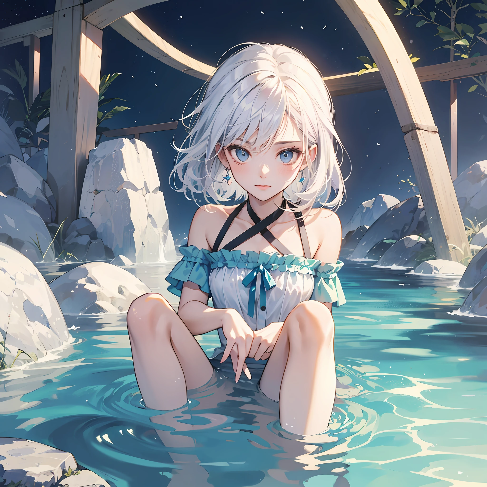"A cute high school girl with white hair, bathing in an anime style." --auto