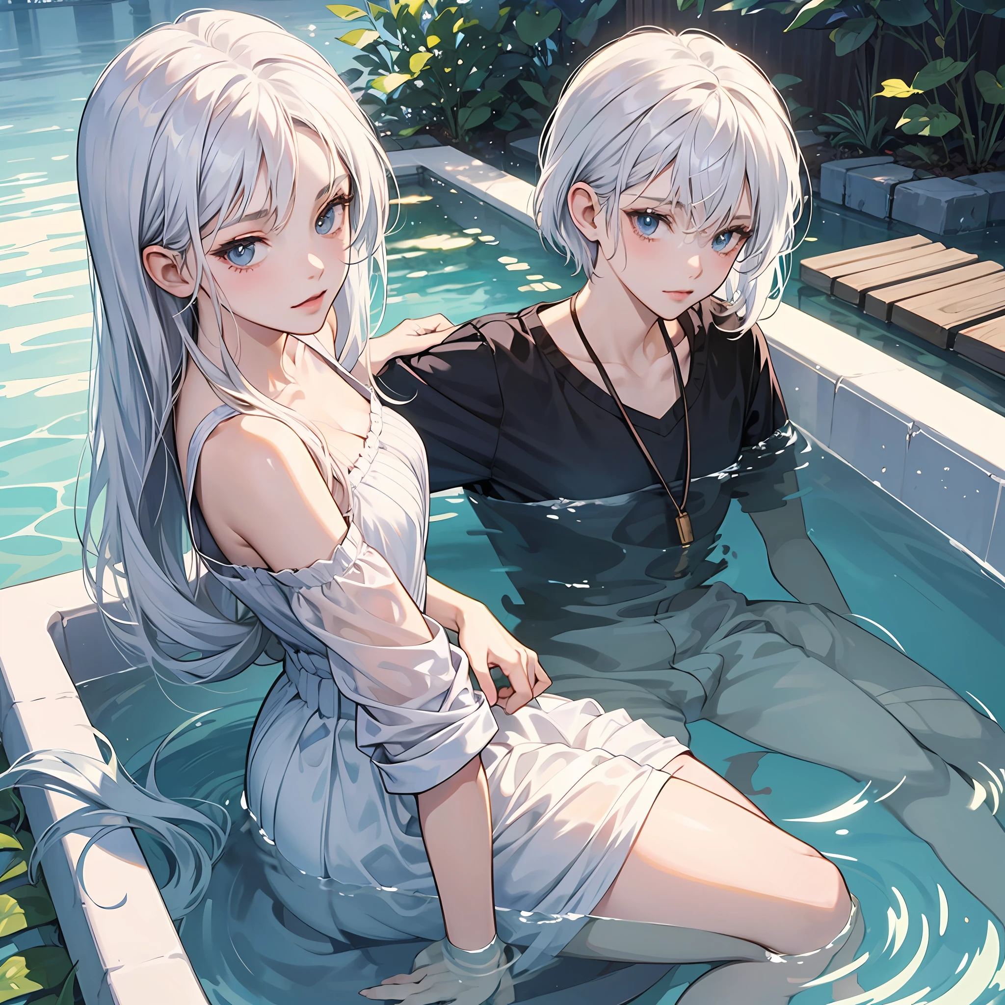 "A cute high school girl with white hair, bathing in an anime style." --auto