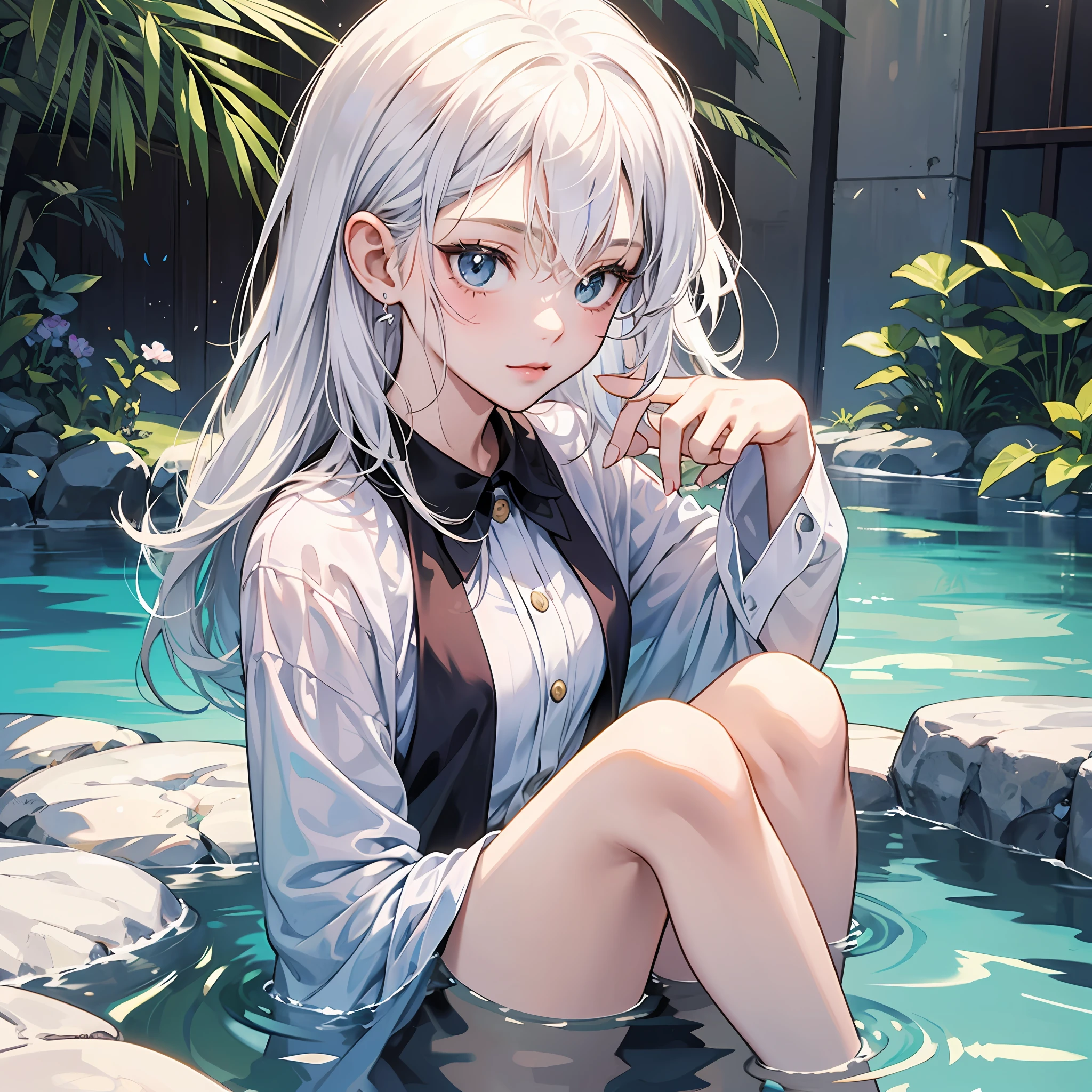 "A cute high school girl with white hair, bathing in an anime style." --auto