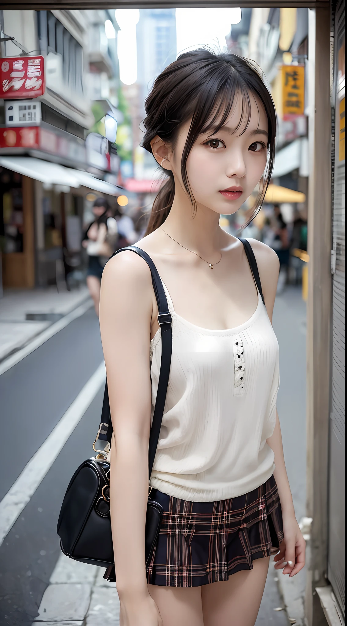女の子1人、angle of view(Whole human body)、Women around 24 years old、garments(camisole、a miniskirt)、hairstyle on(A dark-haired)、a picture、realisticlying、top-quality、adopt、A detailed face、Bustling street、a desk、细致背景、natta、depth of fields、独奏