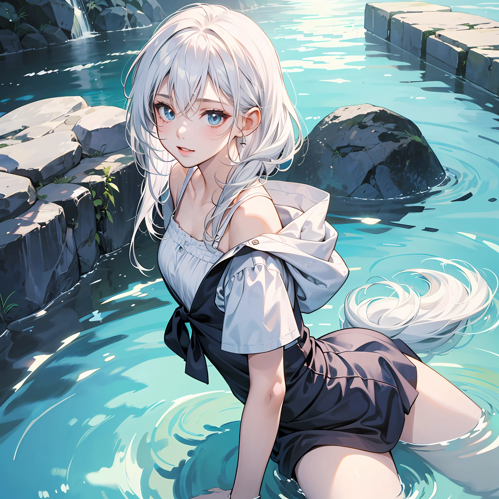 "A cute high school girl with white hair, bathing in an anime style." --auto