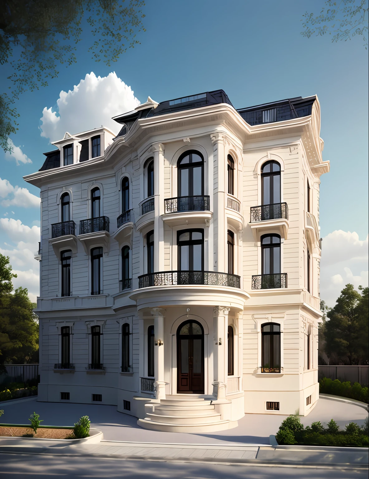 masterpiece, (photorealistic:1.2), best quality, ultra high res, exterior,architechture,modern house,white wall, glass windows,,trees,traffic road,design,trees around, blue sky,in the style of realistic hyper-detailed rendering, 32k uhd, luxury neoclassical villa, in the style of neoclassical scenes, hallyu, white, (dark navy roof:1.2), daylight, decorative art nouveau, les nabis, neoclassical item
 masterpiece,ultra realistic,32k,extremely detailed CG unity 8k wallpaper, best quality'