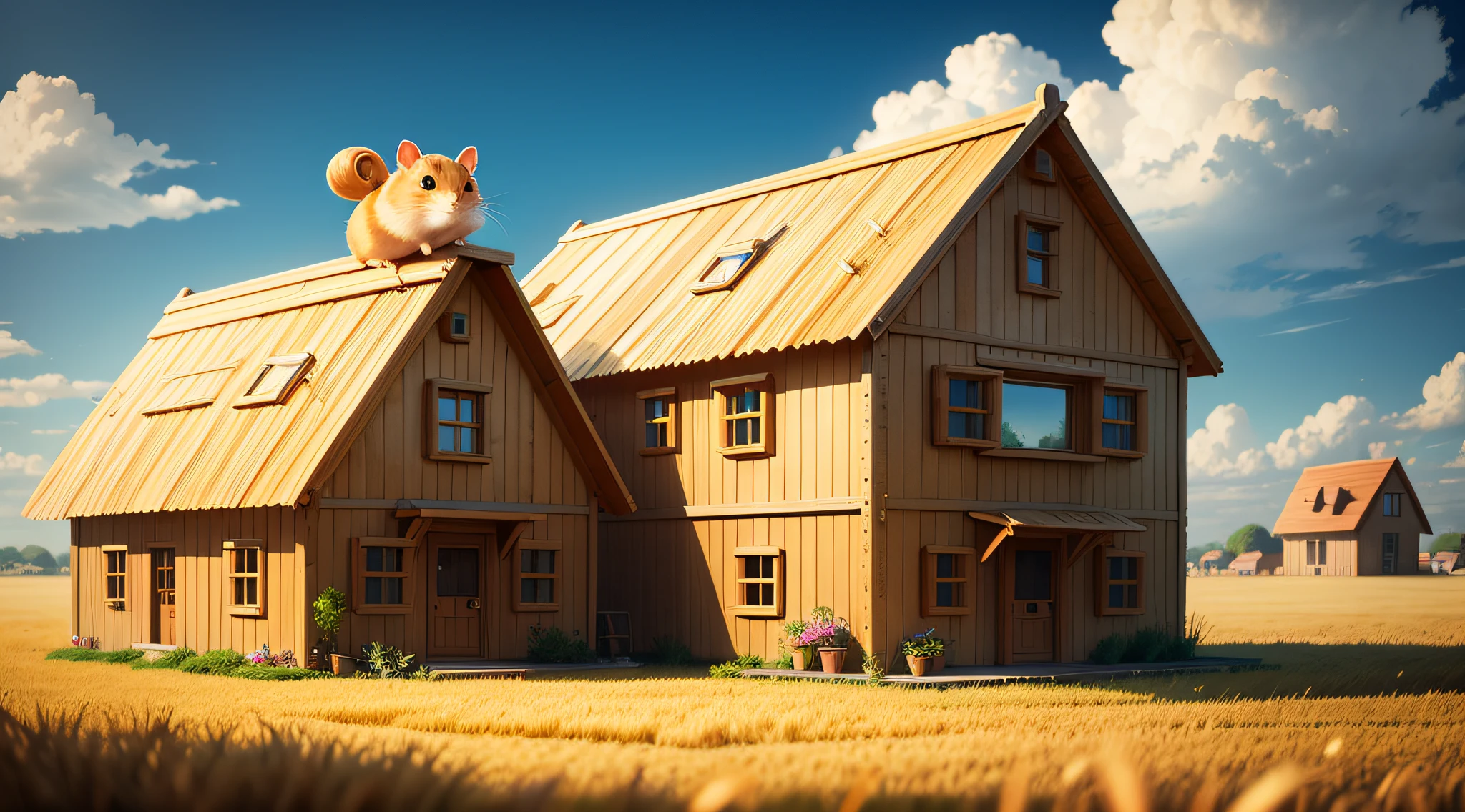 hamster，Build homes，golden wheat fields，Working together，in style of hayao miyazaki