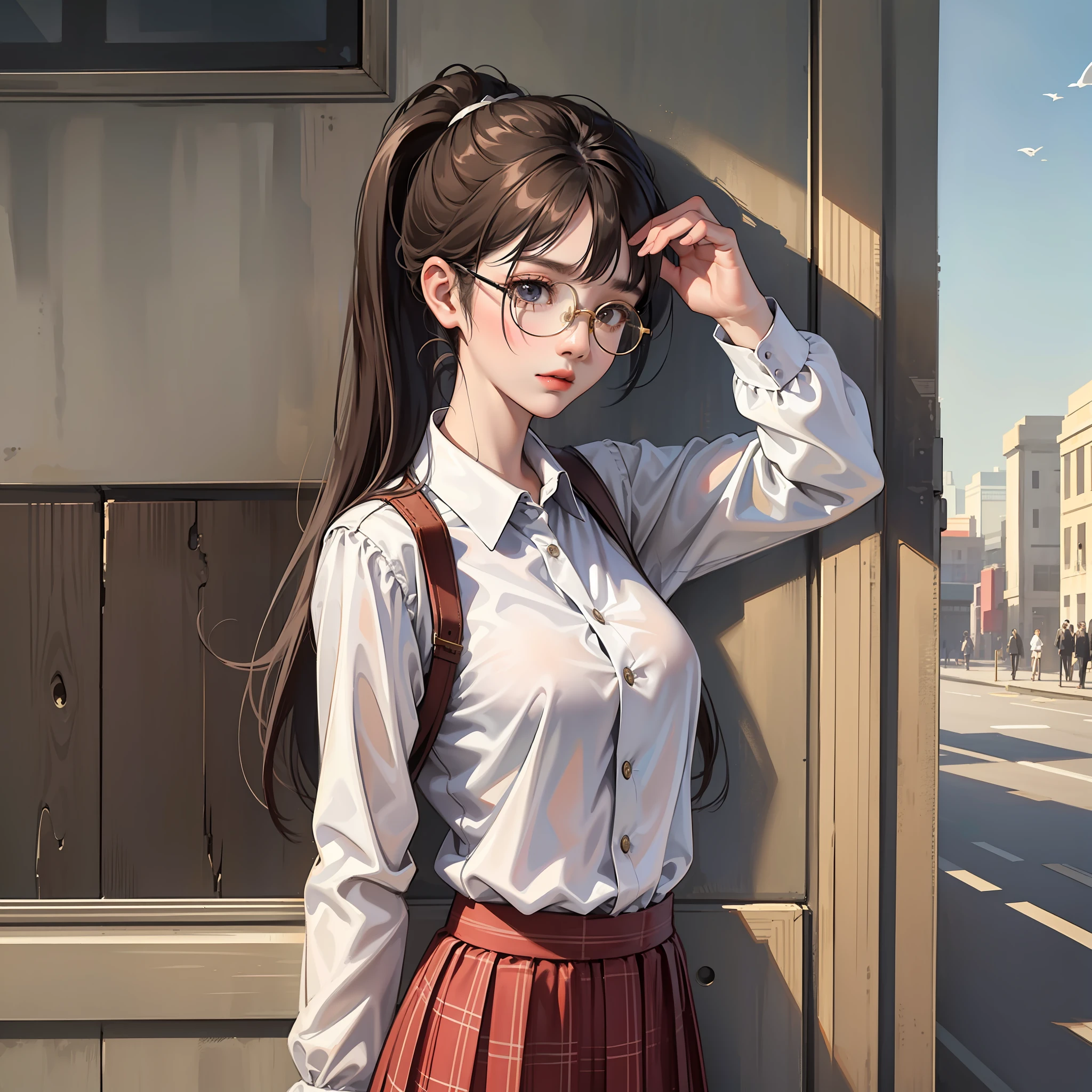 Korean preppy style, Outrageously long ponytail, Parted bangs, circle glasses, Pleated skirt, long plaid skirt, The morning sun pours,Shy and quiet girl, Reserved and dignified,looking at the distance, Extremely detailed hair, intricately details, Best quality, realisticlying,Need,tmasterpiece