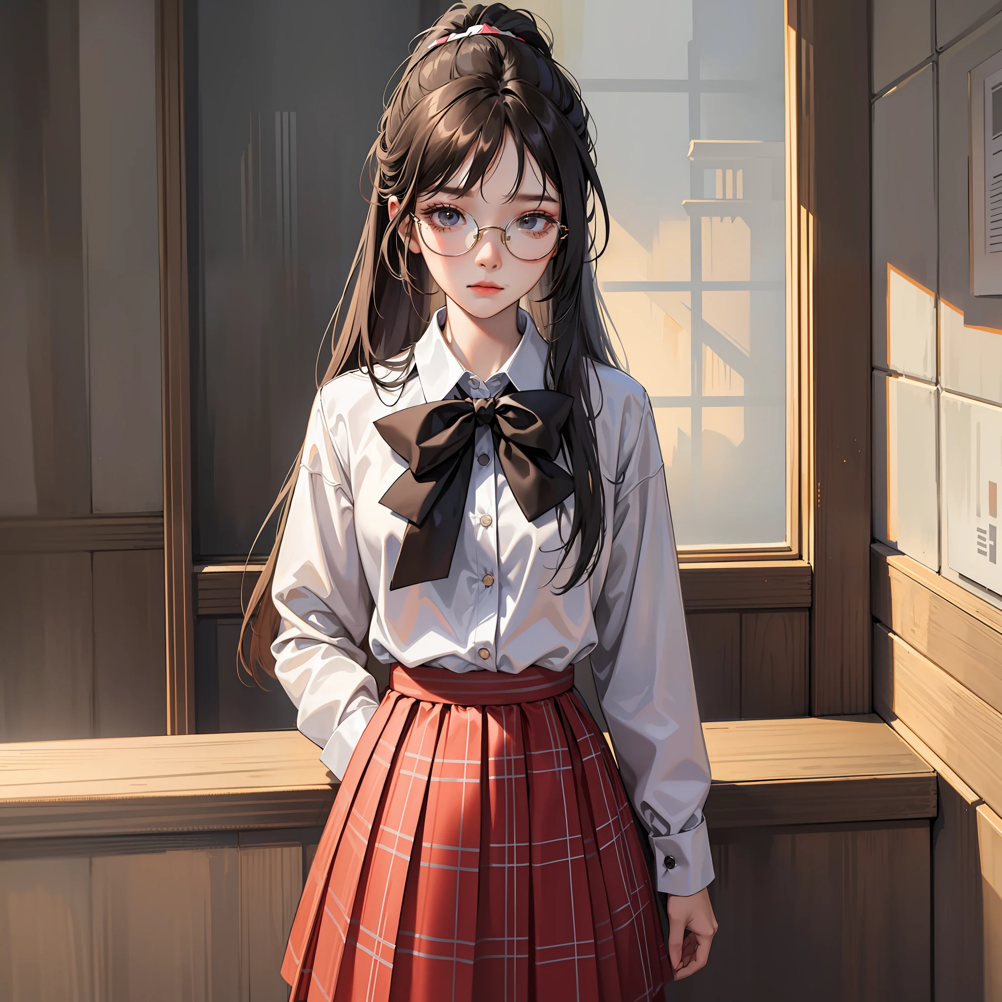 Korean preppy style, Outrageously long ponytail, Parted bangs, circle glasses, Pleated skirt, long plaid skirt, The morning sun pours,Shy and quiet girl, Reserved and dignified,looking at the distance, Extremely detailed hair, intricately details, Best quality, realisticlying,Need,tmasterpiece