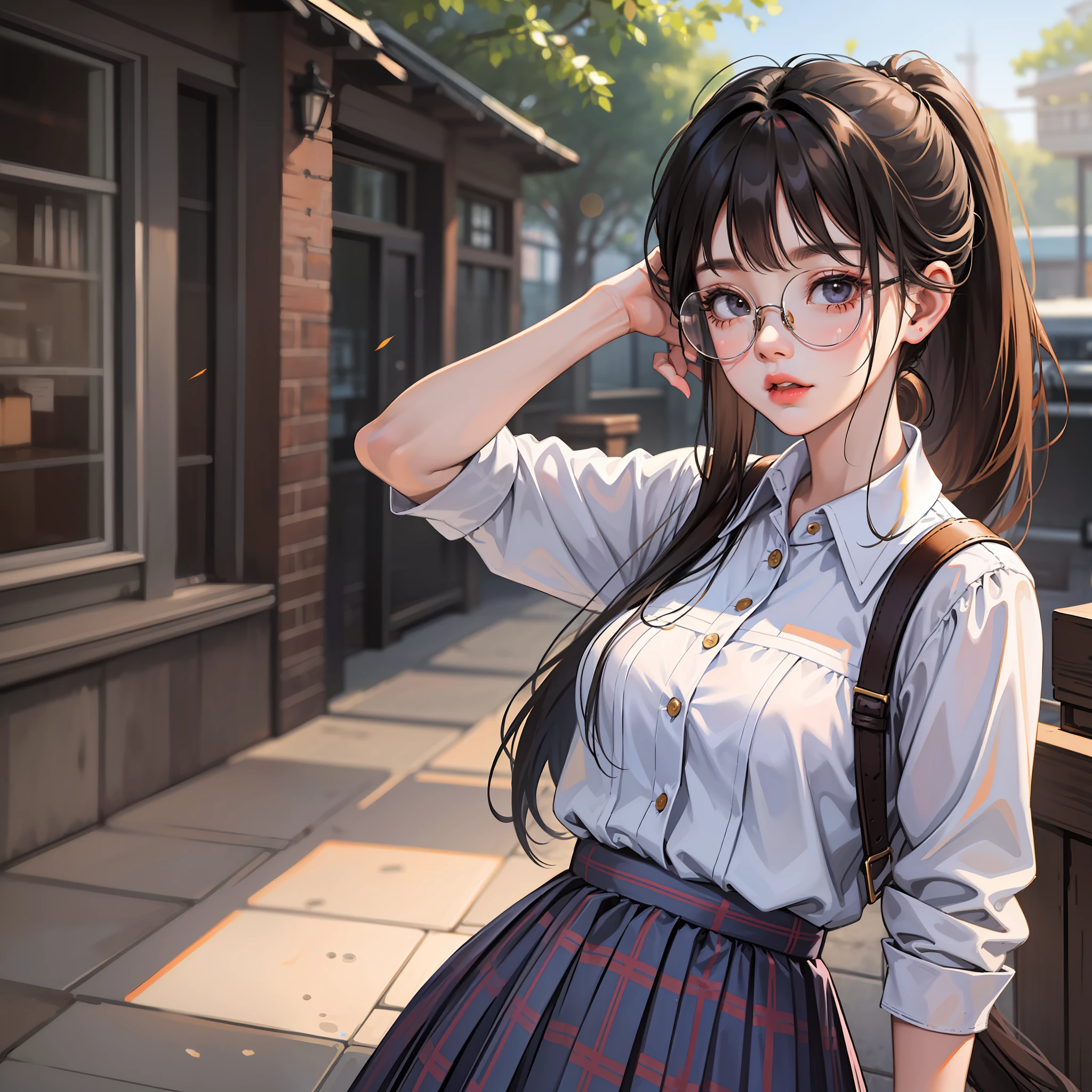 Korean preppy style, Outrageously long ponytail, Parted bangs, circle glasses, Pleated skirt, long plaid skirt, The morning sun pours,Shy and quiet girl, Reserved and dignified,looking at the distance, Extremely detailed hair, intricately details, Best quality, realisticlying,Need,tmasterpiece