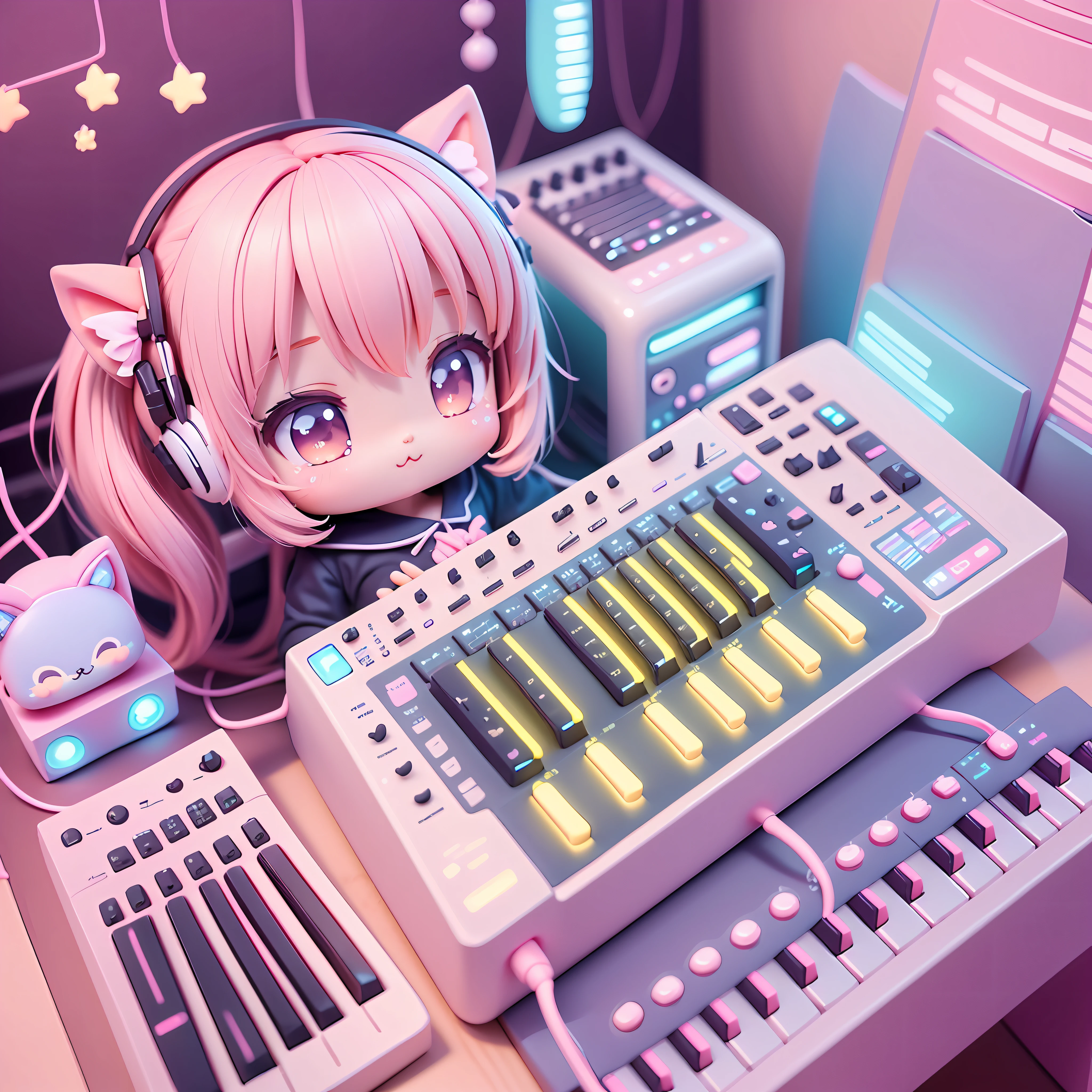 Chibi plays the electronic keyboard, KawaiTek, Kawaii, Cute, pastel colours, Best Quality, Happy