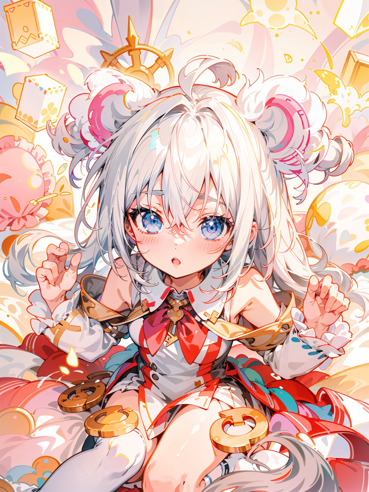 White-haired anime girl sitting on bed, Official artwork, small curvaceous loli, Splash art anime Loli,Anime moe art style, high detailed official artwork, Loli, Gray hair, Detailed key anime art，Large round ears，One foot is wearing white socks，Long flowing hair