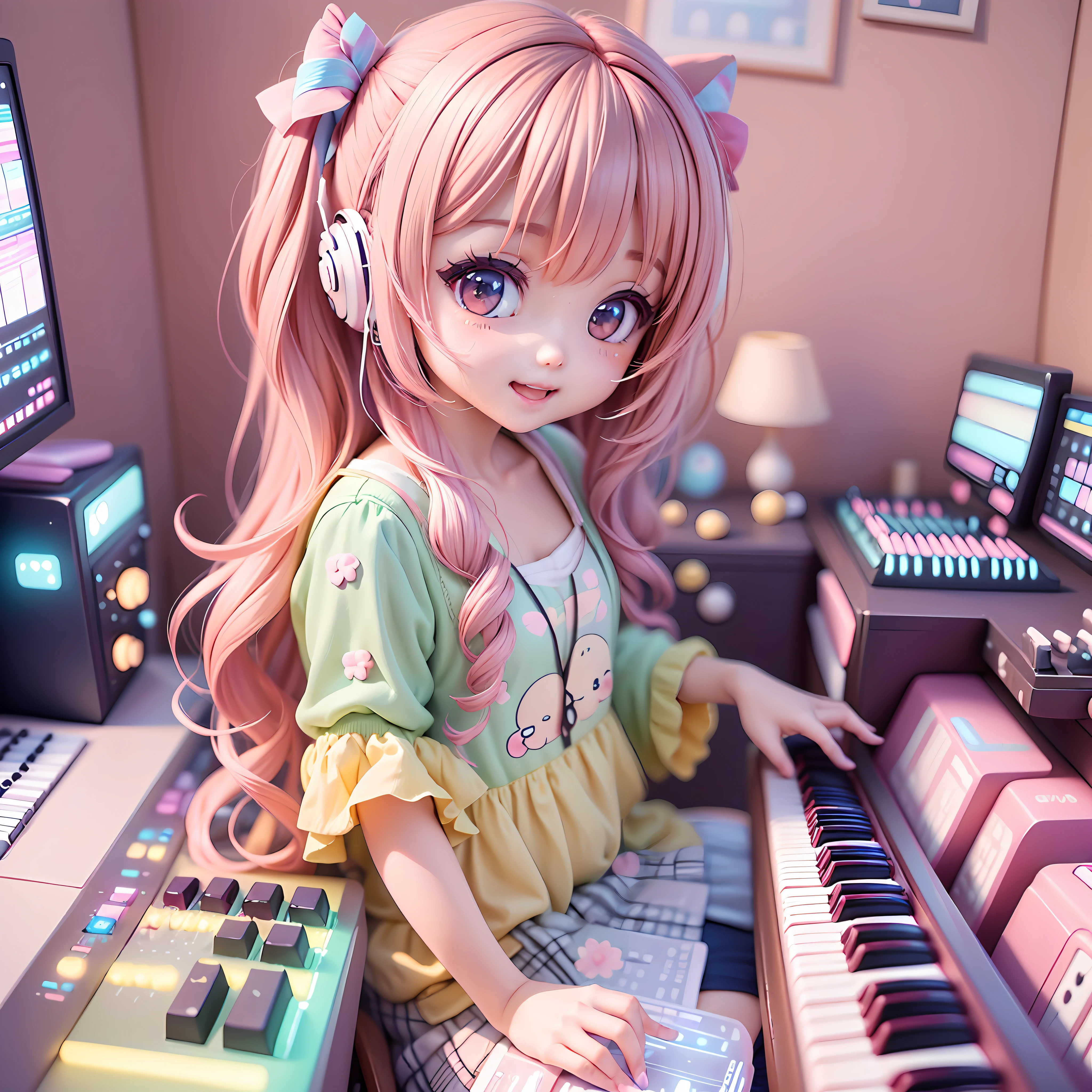 Chibi plays the electronic keyboard, KawaiTek, Kawaii, Cute, pastel colours, Best Quality, Happy