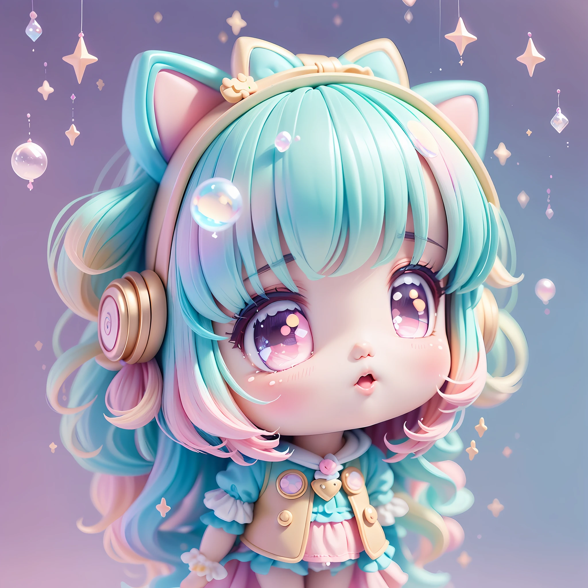 chibi looking up, bubbles around, kawaiitech, kawaii, cute, pastel colors, best quality, happy