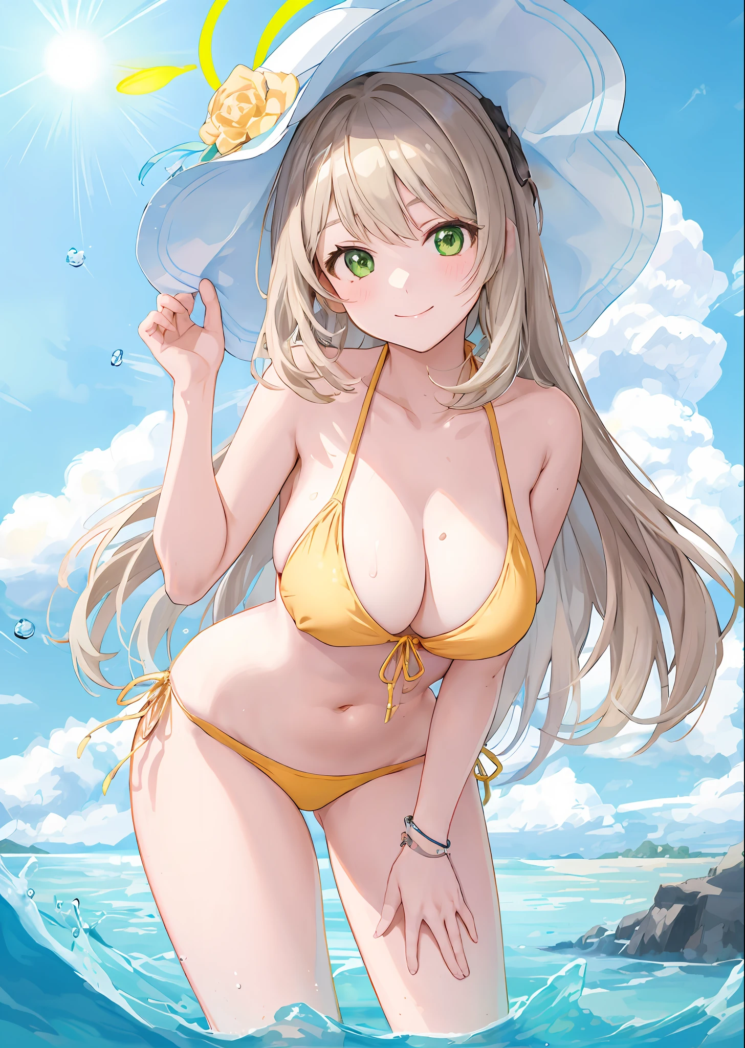 anime girl in a bikini and hat standing in the ocean, seductive anime girls, Highest rated on Pisif, Pisif, at pixiv, swimsuit, realistic bikini, small curvaceous loli, eechi, Pisif 3DCG, in the beach, in beach, from girls frontline, Splash art anime Loli, Beautiful anime girl, Pisif Contest Champion