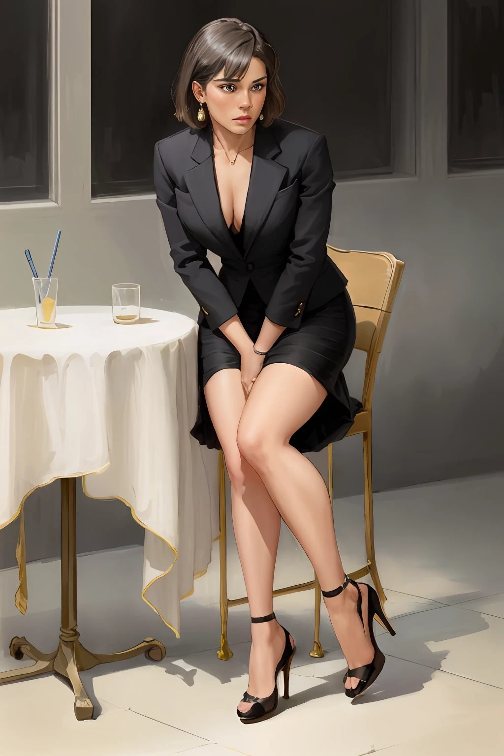 Brazilian, Bob haircut, muscular legs, muscular calves, Strong legs, muscular hips, wide thighs, Curvy hips, A full body shot, high-heeled sandals, tights in a net, Stiletto heels, Women's business suit with a short skirt, large ring earrings, He really wants to pee, at the festive table, sitting, wants to pee, desperately wants to pee, wants to urinate, An expression of shame on his face, confusion, Desperation on the face, crying, pinches the crotch with his hand, crumples the hem of the skirt with his hands, Knees clenched together, Tense posture, bites his lower lip, full bladder, terribly wants to go to the toilet, anatomically correct, Realistic,
