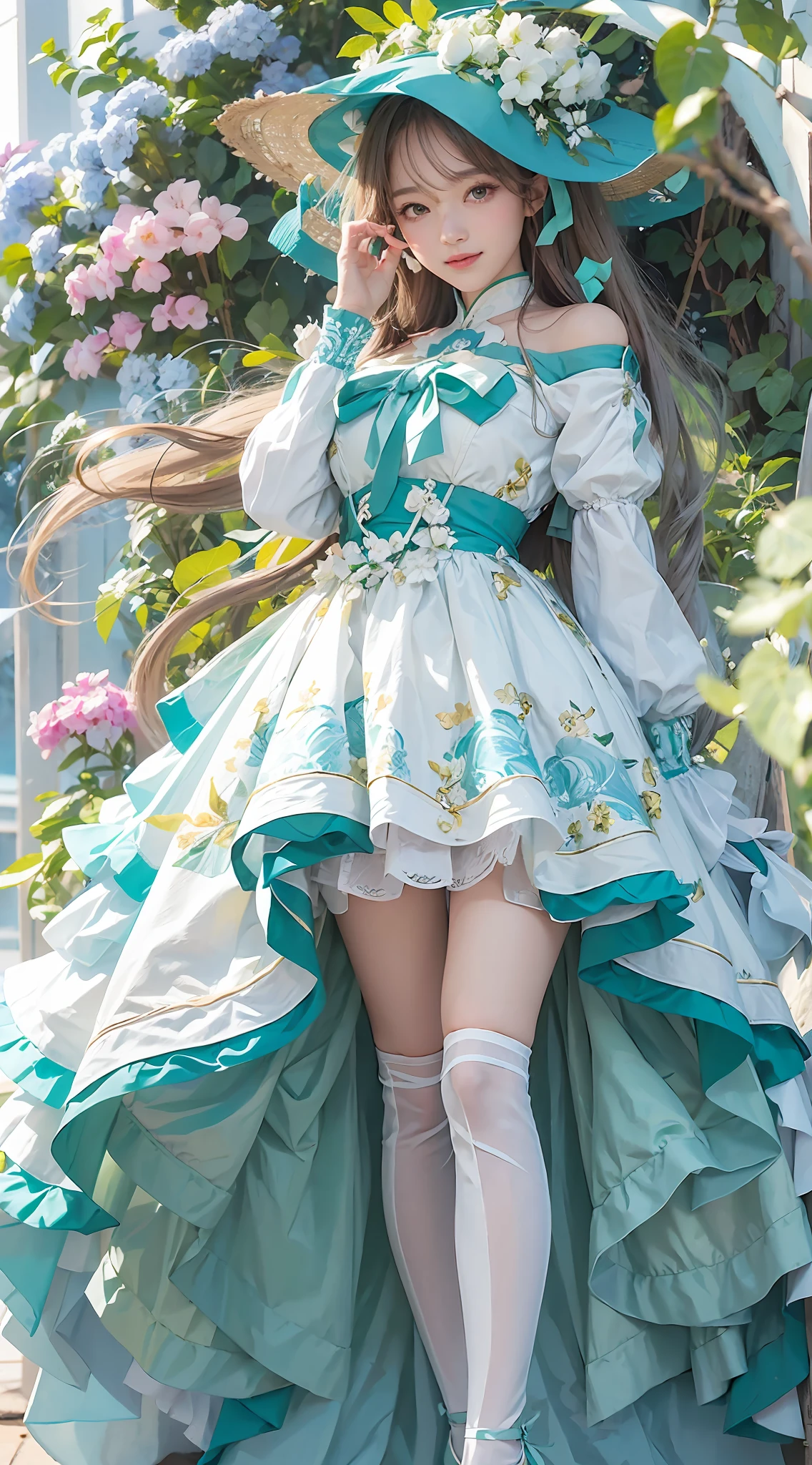 A beautiful young woman poses outside,A half body,having fun,In the style of Kawacy, Blue and white colors, yeong-hao han, Green mountains,green waters,webcam photography, Detailed costumes, Rodenstock Imagon 300mm F/5.8, Realistic impressions,soothing tones,pastel colour,