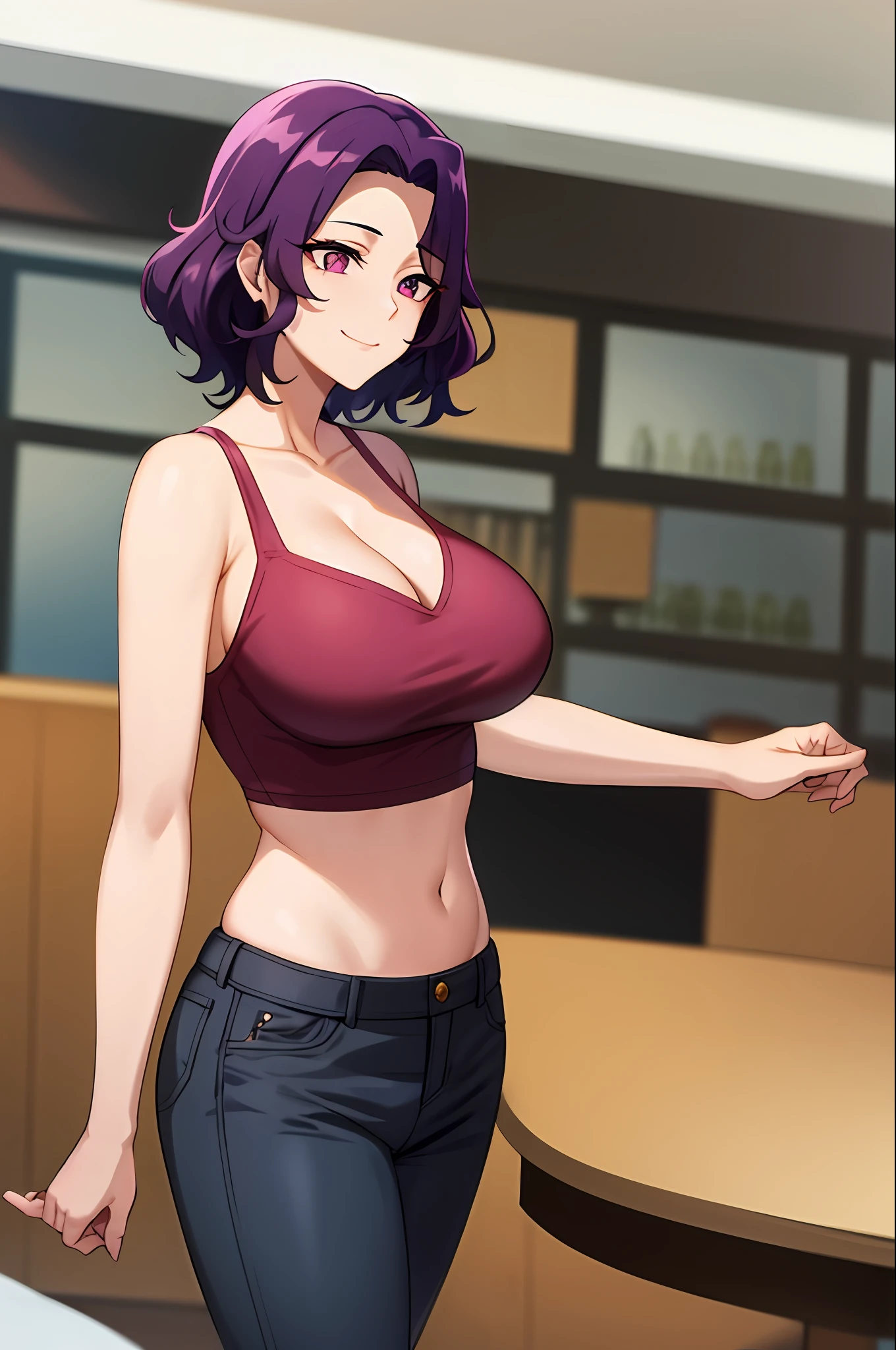 best qualityer,(tmasterpiece:1.2),highly detailed,sitted,Mature woman,
1girll, 独奏, hamaoka azusa,
looking at viewert,ssmile,,
Purple eye,Purple colored hair,short detailed hair,green-shirt,Red bra strap,Full buttocks,plumw,big breasts body