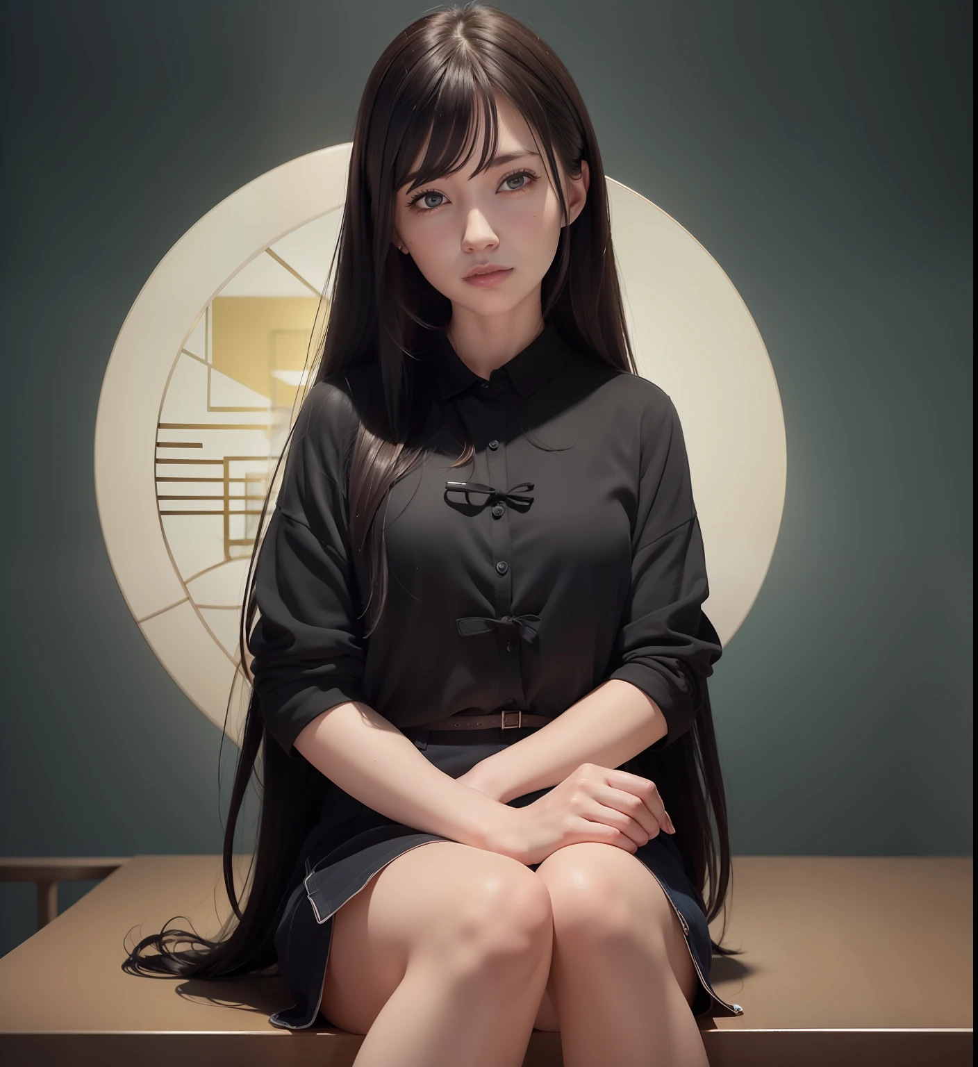 There was a woman sitting on a table with a bag,, Realistic woman rendering, woman, a realistic style, Smooth CG art, Realistic young woman, Photorealistic movement, A rendering of a kind woman, Realistic style
