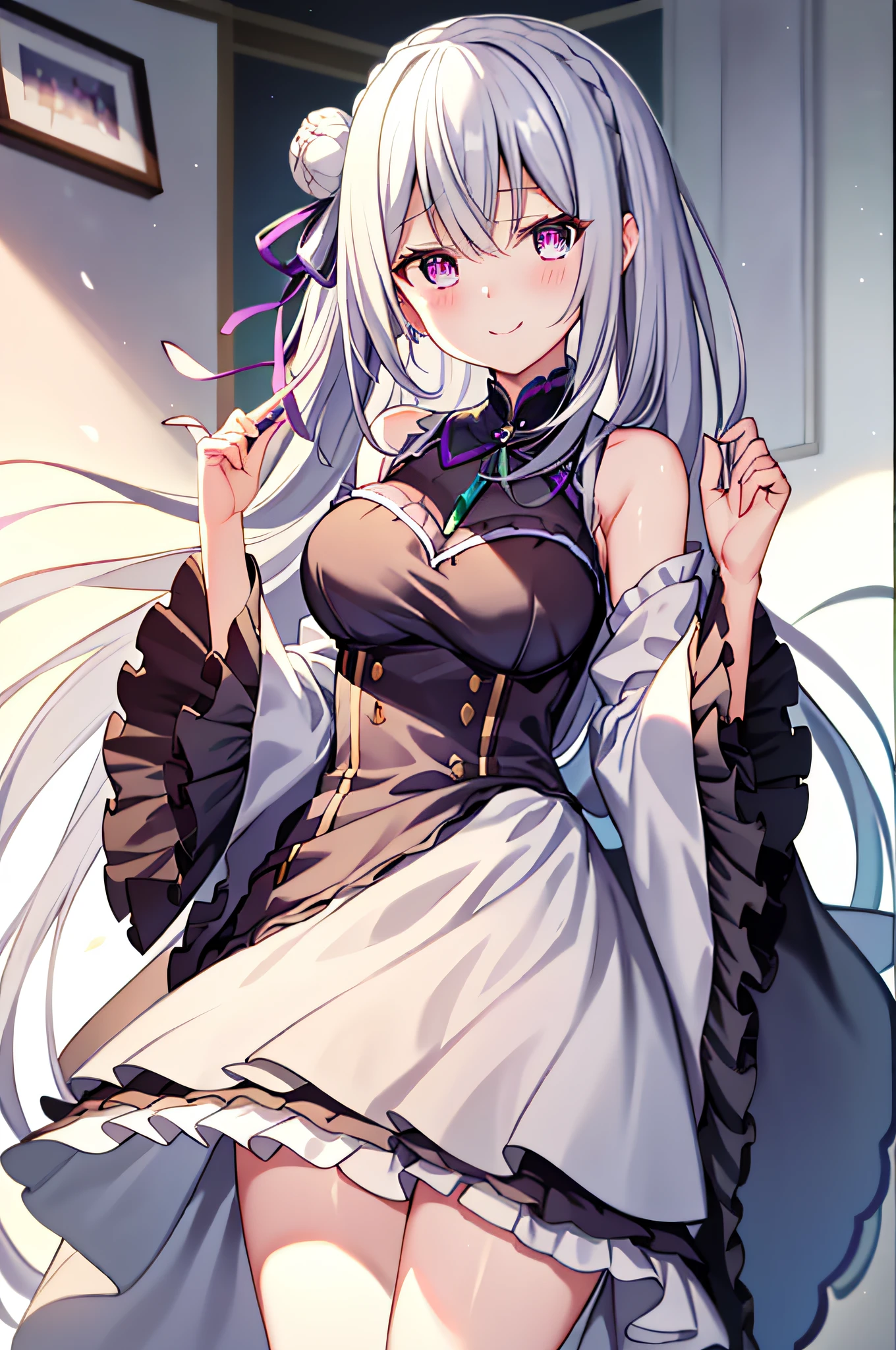 Amelia:2.0，Super meticulous，Unity 8k壁纸，Volumetriclighting，Best shadow，shallowdepthoffield，Enjoy the scenery，Shut your mouth, longer sleeves, big breasts thin waist, Short black pleated skirt, black high-socks、the sideview、（Highest image quality、astonishing detail：1.25）、（独奏：1.3）、Brilliant and colorful paintings，ssmile，gentleness，effeminate，Random scenes，very happily，smallunderboob