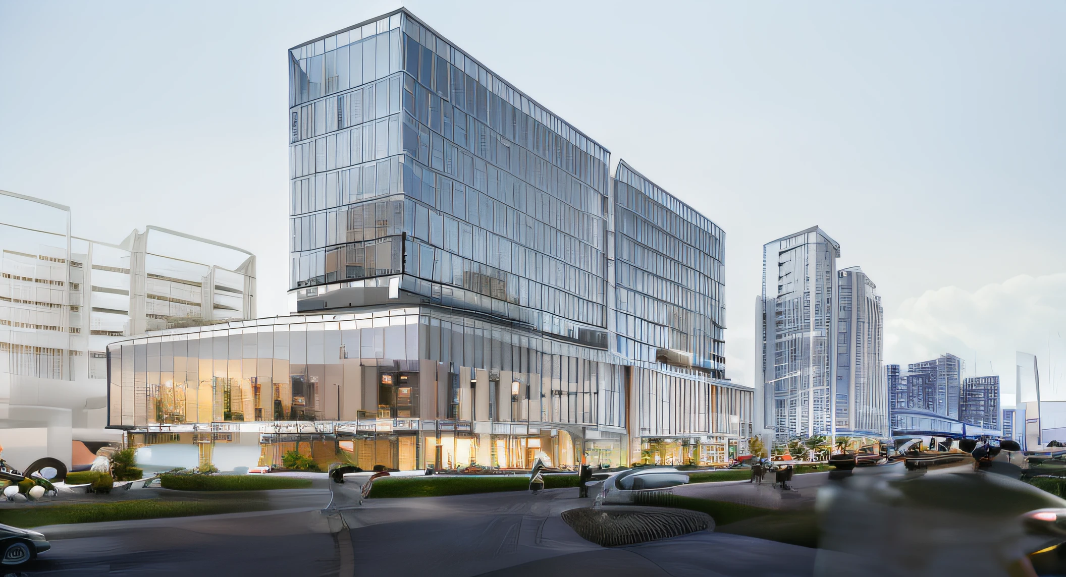Buildings, apartament, Urban crowds，the city street，Heavy traffic，the trees，urban buildings，Commercial along the street，with blue sky and white clouds，Bottom recurve look roof，,Superior apartment，Glass curtain wal,Public buildings