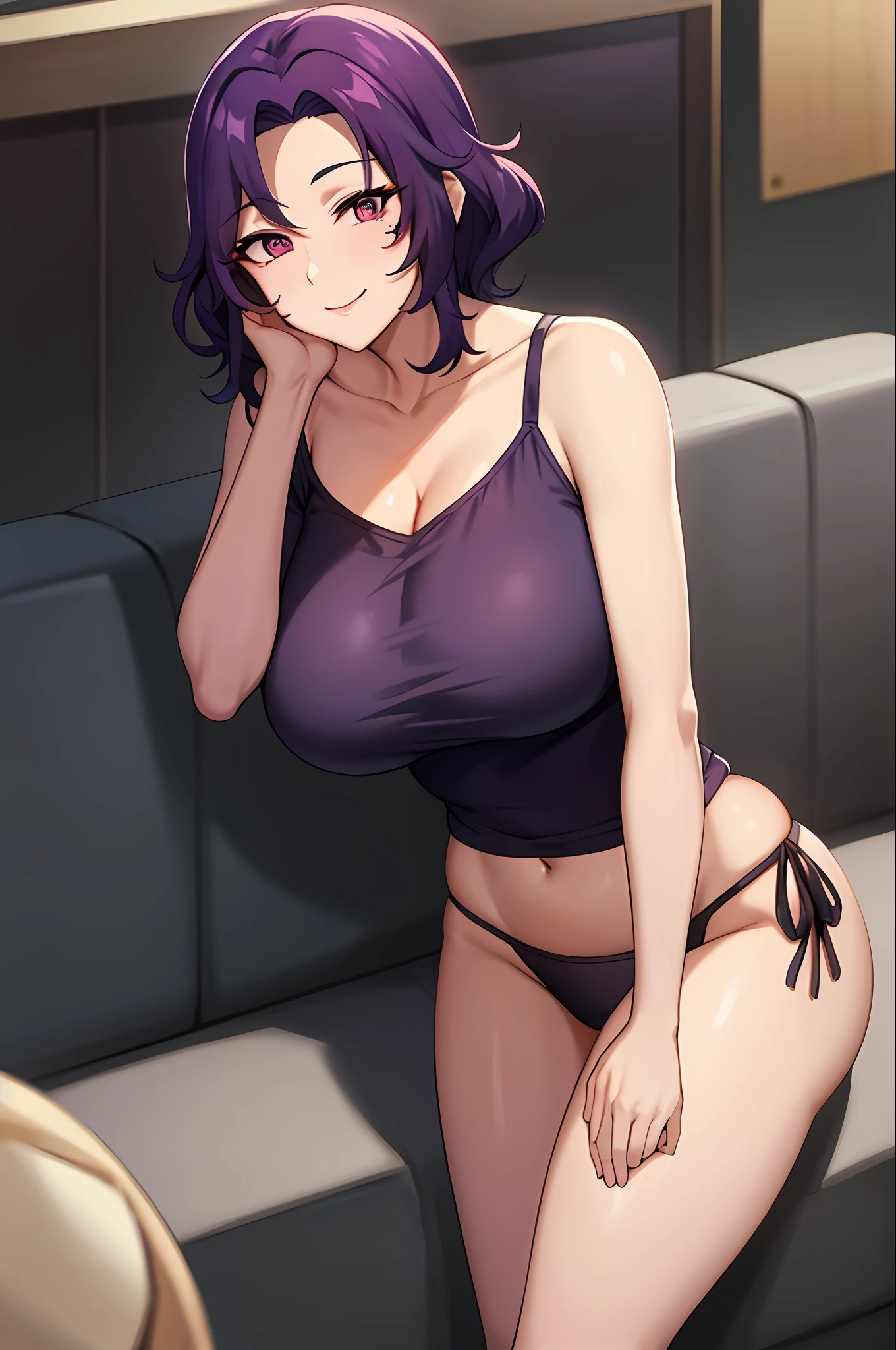 best qualityer,(tmasterpiece:1.2),highly detailed,sitted,Mature woman,
1girll, 独奏, hamaoka azusa,
looking at viewert,ssmile,,
Purple eye,Purple colored hair,short detailed hair,green-shirt,Red bra strap,Full buttocks,plumw,big breasts body