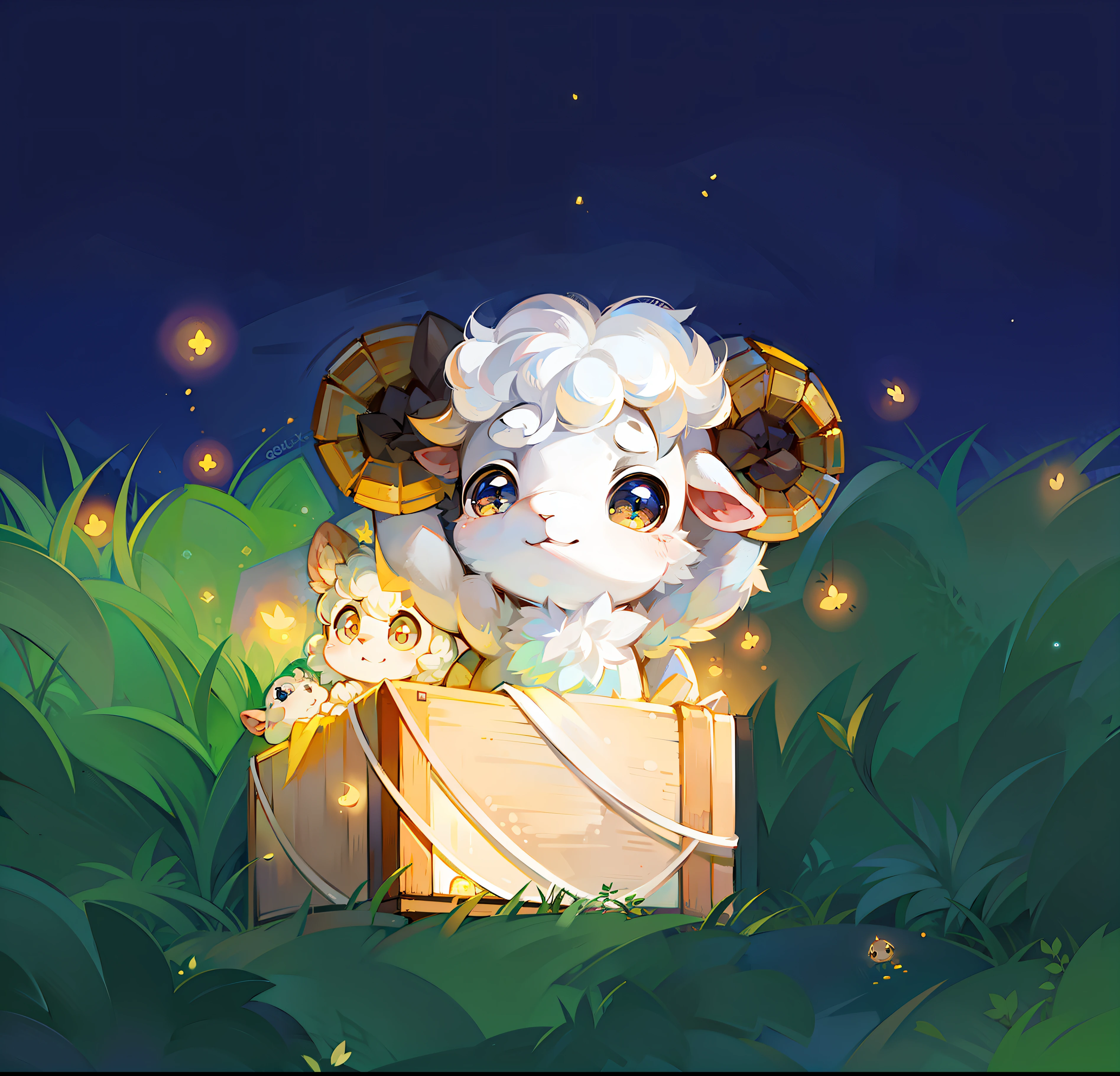 Gift box，A lamb jumped out，fireflies flying around，The lamb looked at the fireflies，The lamb's eyes were resolute，Full of positive atmosphere