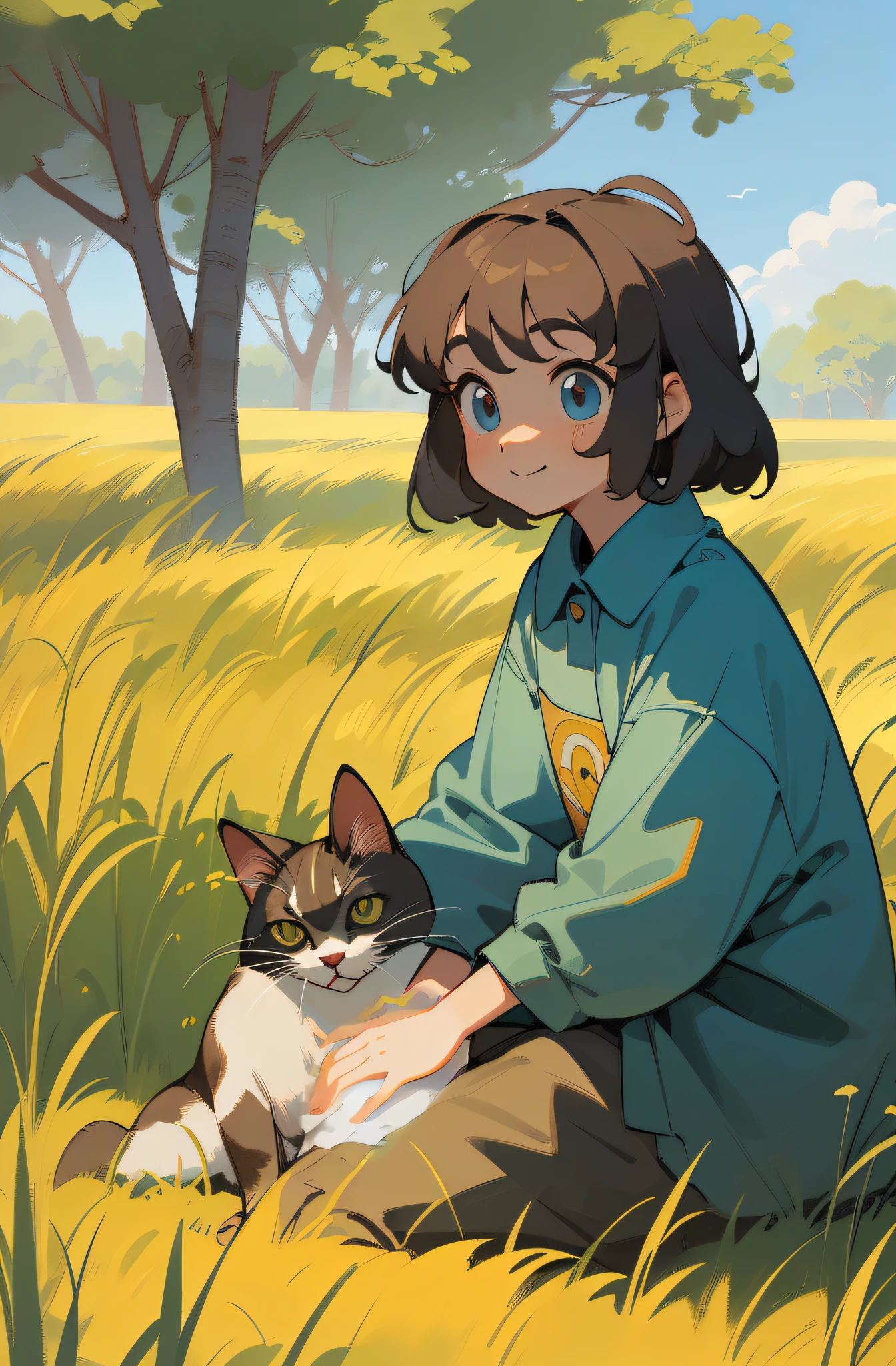Anime girl sitting in field with a cat, lofi portrait, Lofi art, Artgerm and Atey Ghailan, Digital anime illustration, by Kubisi art, author:New Art, cute anime catgirl, made with anime painter studio, anime catgirl, makoto shinkai and bioware, drawn in anime painter studio, Detailed fanart