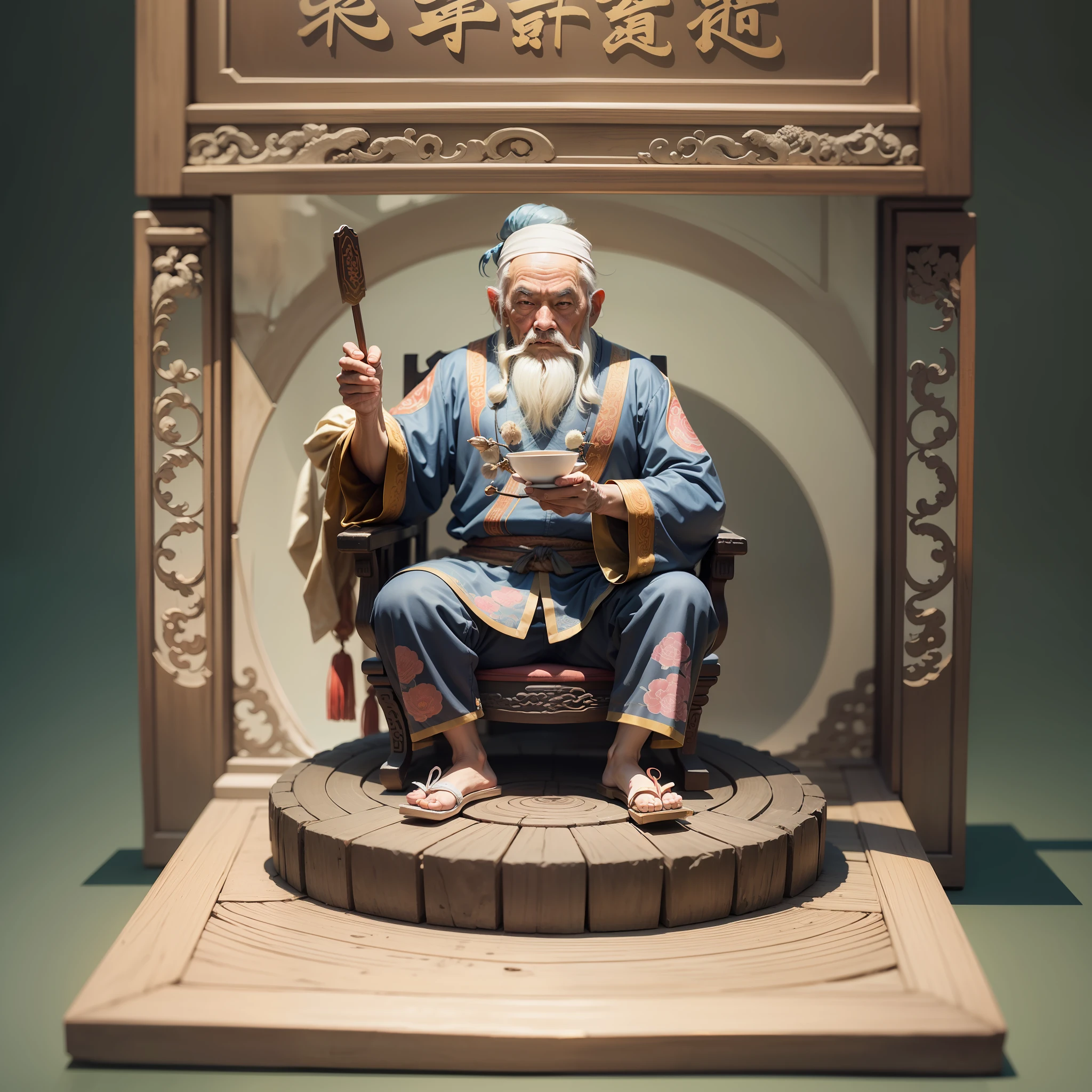 Depicts an old man sitting on a throne on a stove, Chinese mythology, holding sugar in his left hand