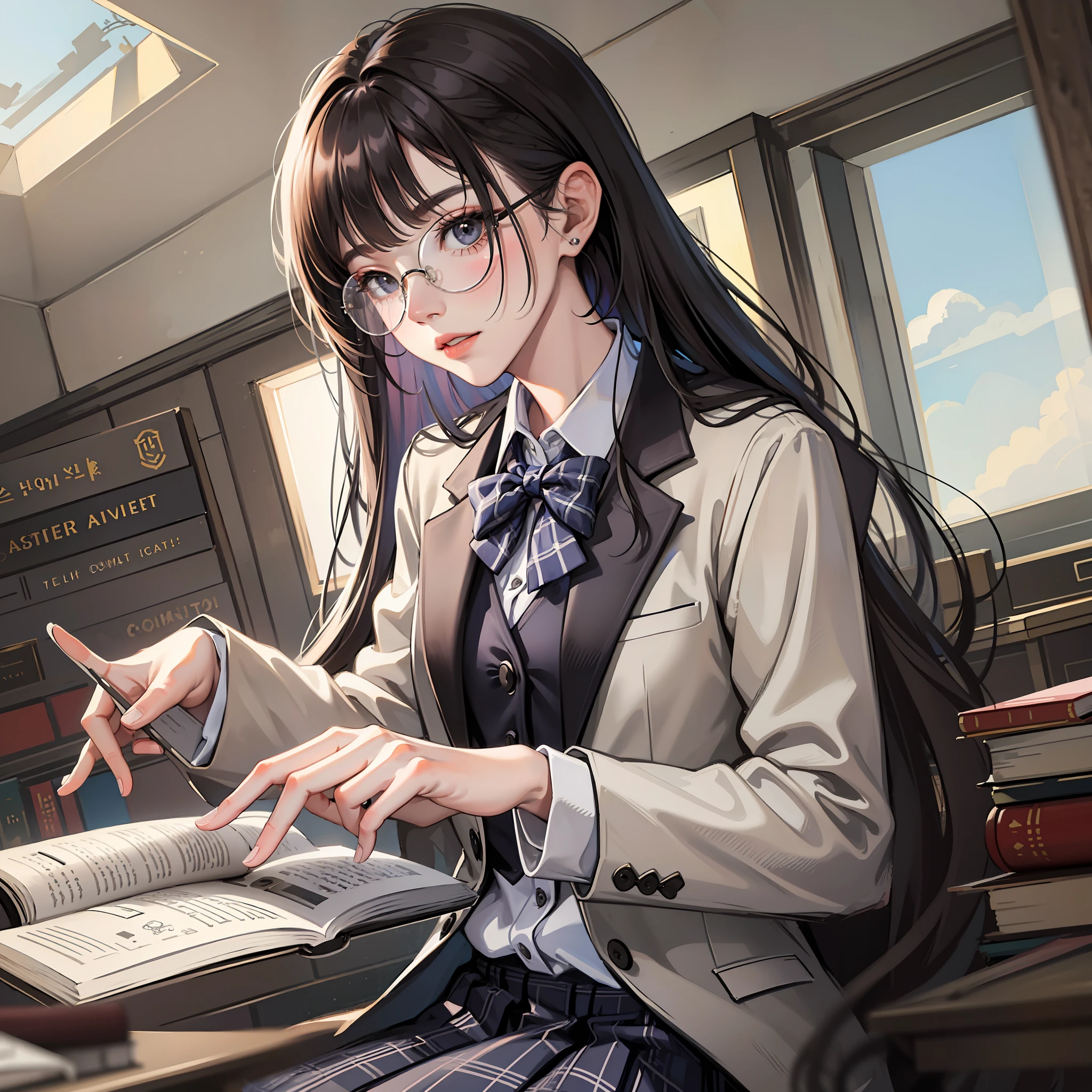 Korean preppy style, Outrageously long ponytail, Parted bangs, circle glasses, Dress school uniform, Dark gray open jacket, Dark gray blazer, Pleated skirt, long plaid skirt,Read a book in the library, The morning sun pours,Shy and quiet girl, Reserved and dignified,looking at the distance, Extremely detailed hair, intricately details, Best quality, realisticlying,Need,tmasterpiece