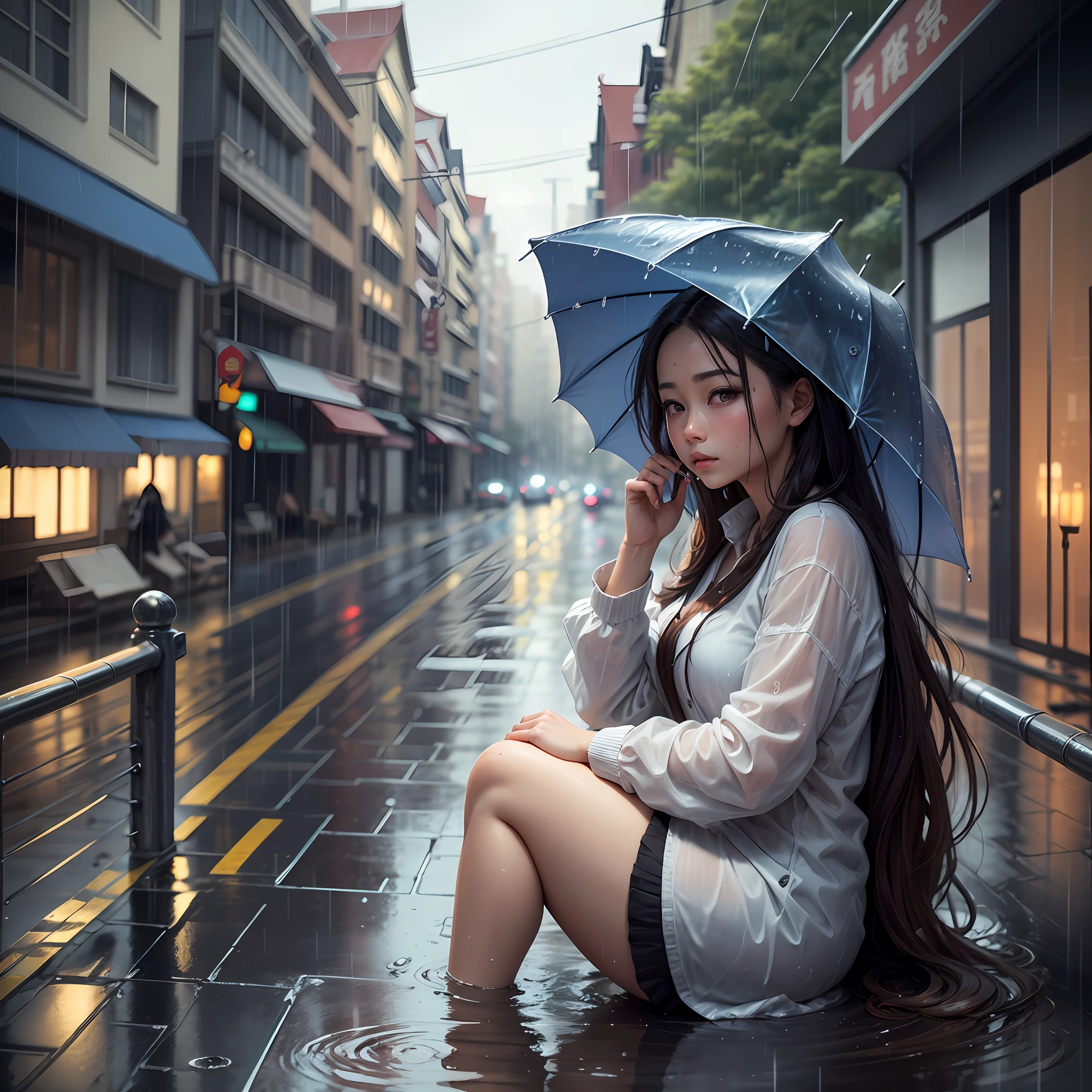 There is a woman sitting cross-legged on the bridge, beautiful girl standing in the rain, rain like, no girl after the rain, beautiful lonely girl, under the rain, in the rain, drizzle, rain wet, rain outside, rainy mood, gorgeous lady, drenched, summer rain, washed away in the rain, washed off in the rain chinese beauty, surrealism, shadow, diorama map, tachi-e, pov, atmospheric perspective, vanishing point, 8k, super detail, ccurate, best quality --auto --s2