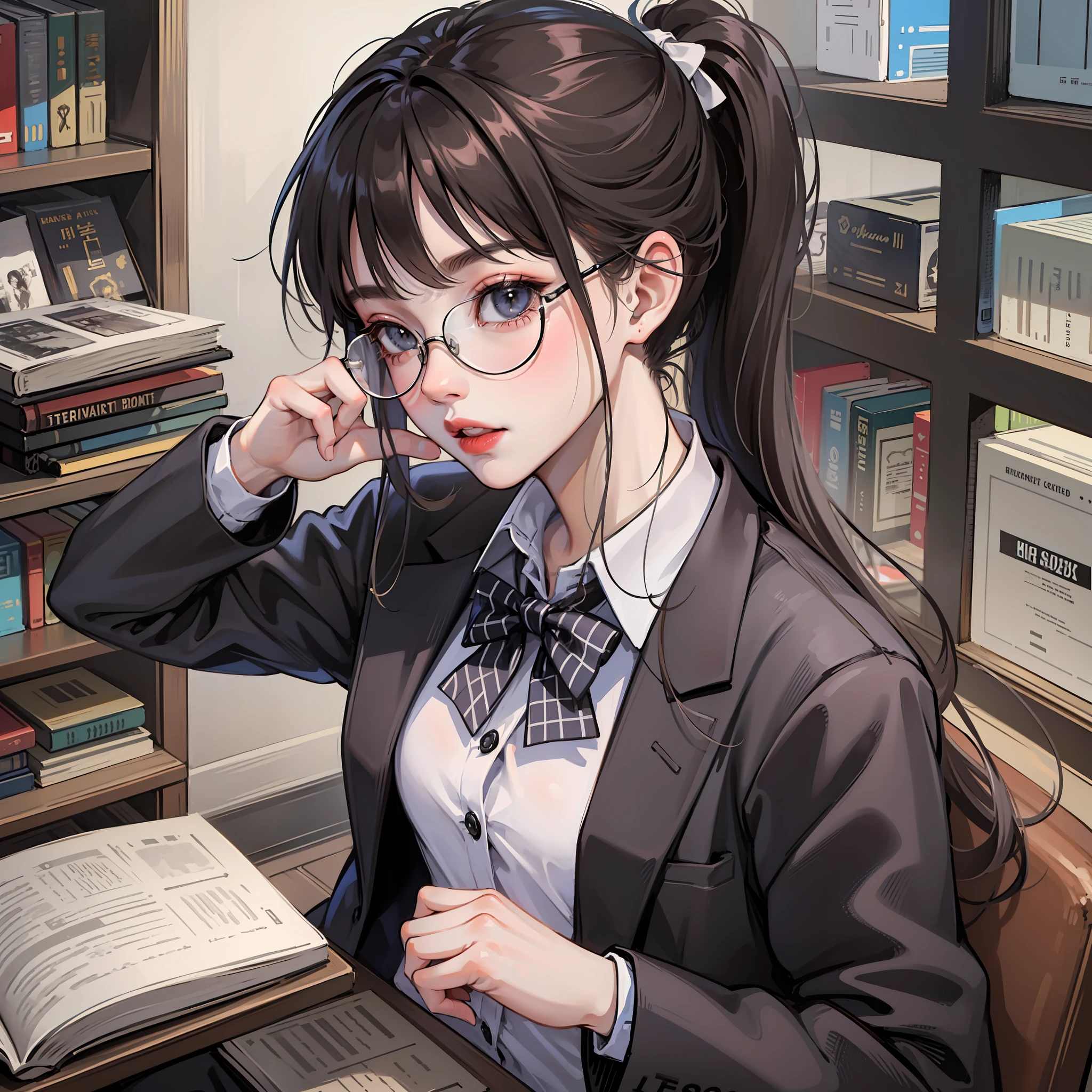 Korean preppy style, Outrageously long ponytail, Parted bangs, circle glasses, Dress school uniform, Dark gray open jacket, Dark gray blazer, Pleated skirt, long plaid skirt,Read a book in the library, The morning sun pours,Shy and quiet girl, Reserved and dignified,looking at the distance, Extremely detailed hair, intricately details, Best quality, realisticlying,Need,tmasterpiece