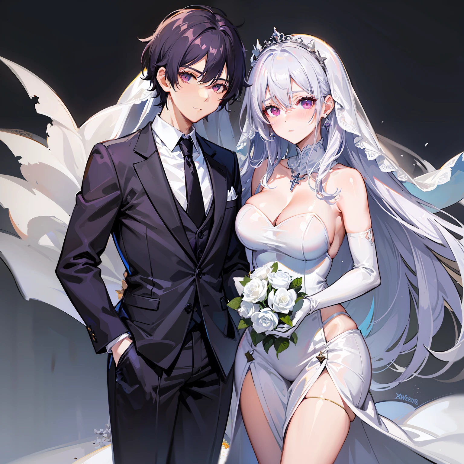 1boy,1girl,( white hair,white_hair,silver_hair,silver hair,red eyes)bangs, bare shoulders, black gloves, blush, bouquet, breasts, bridal veil, cleavage, closed mouth, collarbone, cross, cross necklace, dress, earrings, elbow gloves, eyebrows visible through hair, flower, formal, gloves, grey vest, hair between eyes, holding, holding bouquet, jacket, jewelry, large breasts, long hair, long sleeves, looking at viewer, necklace, pants, purple eyes, purple flower,( purple hair), red eyes, rose, short hair, simple background, suit, tiara, veil, wedding dress, white dress, white flower, white gloves, white jacket, white pants, white rose, white suit
