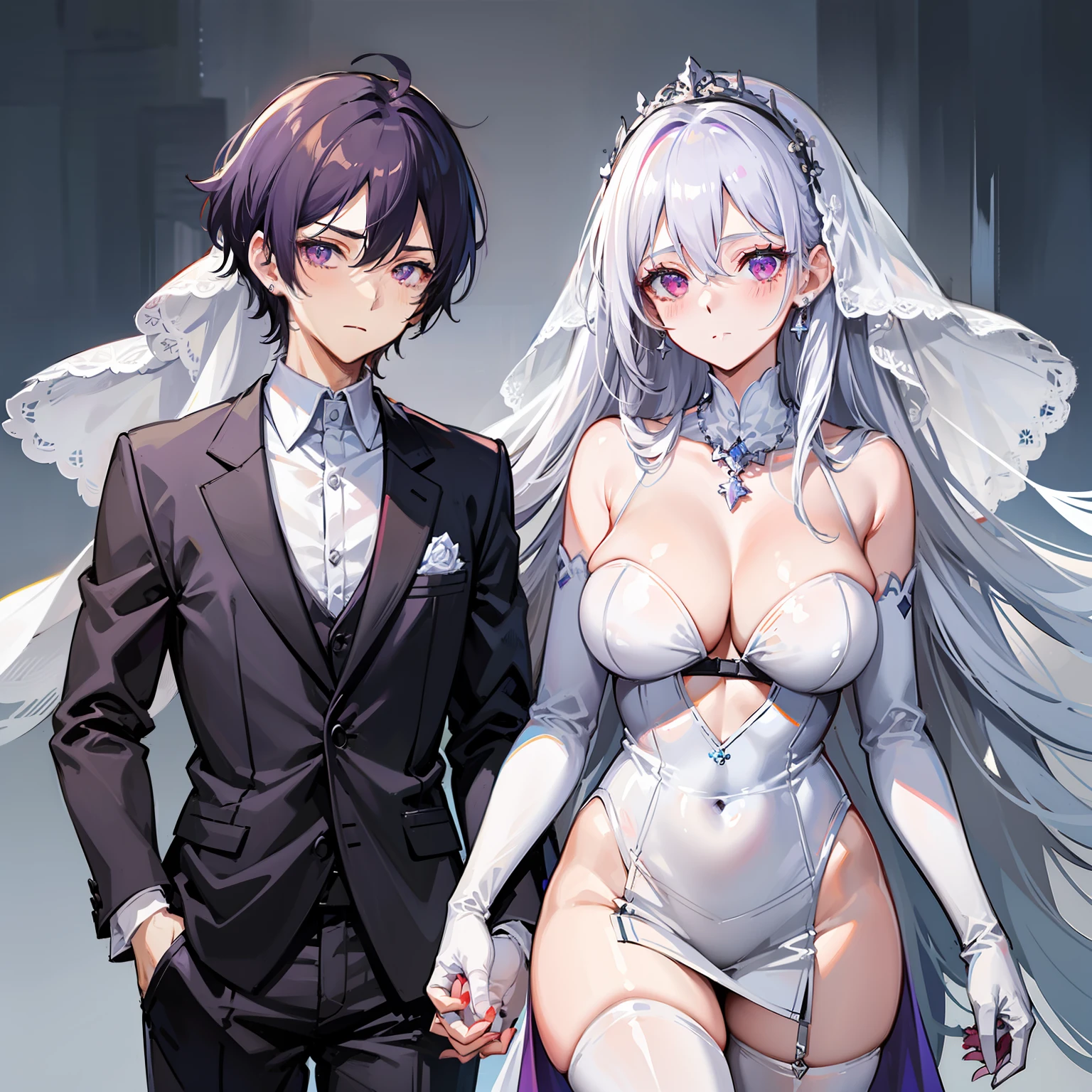 1boy,1girl,( white hair,white_hair,silver_hair,silver hair,red eyes)bangs, bare shoulders, black gloves, blush, bouquet, breasts, bridal veil, cleavage, closed mouth, collarbone, cross, cross necklace, dress, earrings, elbow gloves, eyebrows visible through hair, flower, formal, gloves, grey vest, hair between eyes, holding, holding bouquet, jacket, jewelry, large breasts, long hair, long sleeves, looking at viewer, necklace, pants, purple eyes, purple flower,( purple hair), red eyes, rose, short hair, simple background, suit, tiara, veil, wedding dress, white dress, white flower, white gloves, white jacket, white pants, white rose, white suit