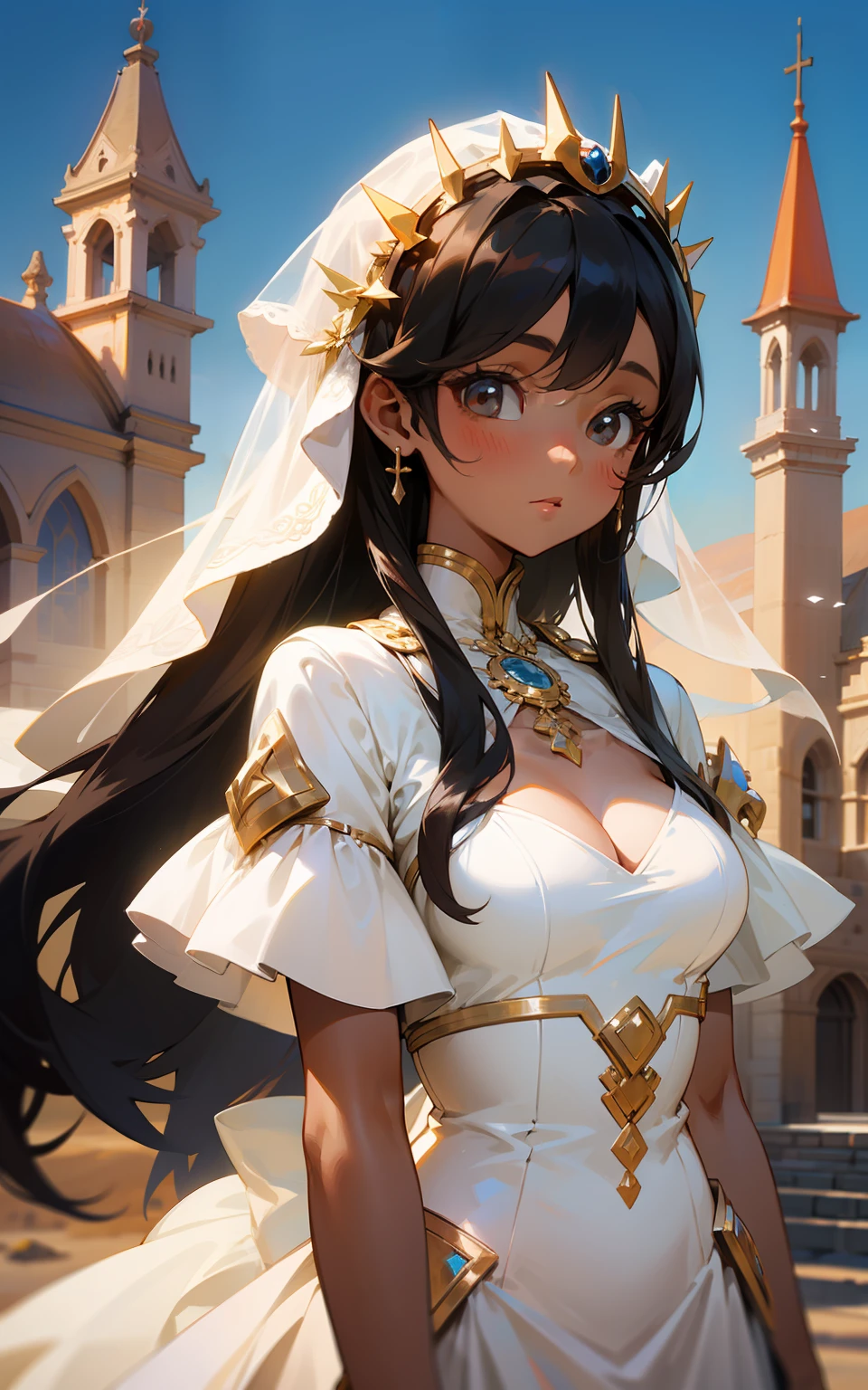 top-quality、hight resolution、detaileds, Desert People、Beautiful girl in wedding dress、Stone church、Brown skin tone、Fantasy worldview、Tying black hair、length hair、
