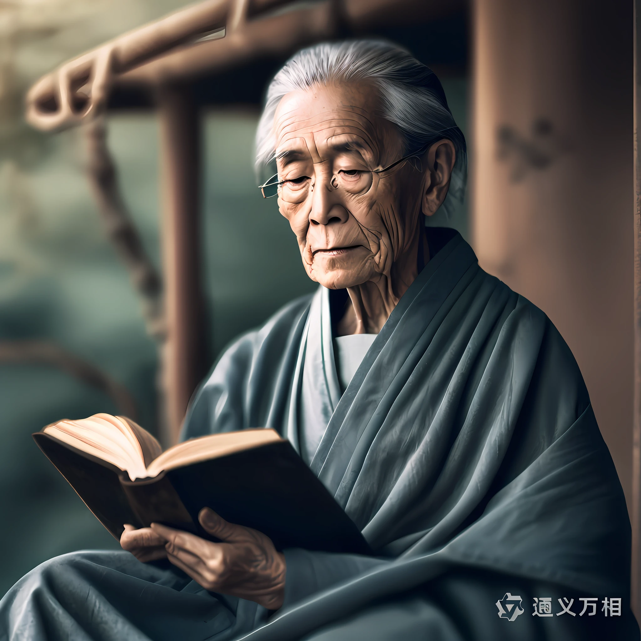 An old man in a robe sitting down to read, ancient japanese monk, ancient japanese, the look of an elderly person, he is about 8 0 years old, author:Cheng Zhengkui, Wise old man, portrait shooting, Cinematic. author:leng jun, author:Li Zai, 70 years old, 7 0 years old, Old woman,facing at camera