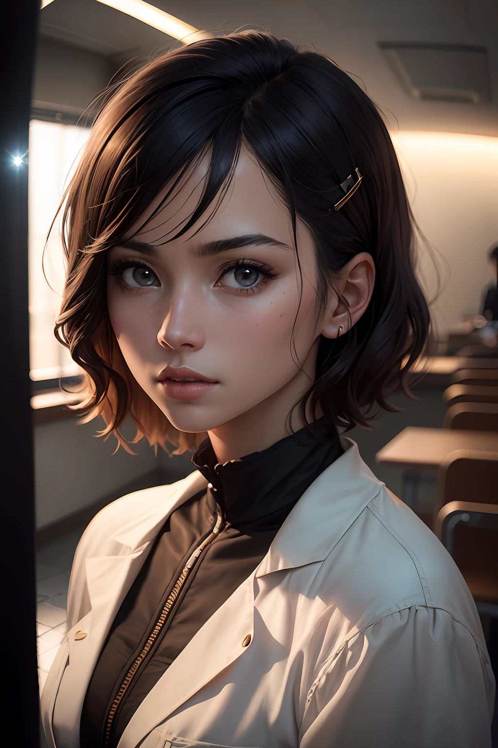 yberpunk, sci-fi, fantasy, kodak portra 400, 8k, soft light, volumetric lighting, highly detailed, britt marling style 3/4, 1girl, high quality,high detailed skin:1.4,(dark room:1.3), (rim lighting:1.3), (dimly lit:1.3), (dark night:1.3),indoors, portrait, black hair, dark background, short hair ,laboratory + face, face is the most beautiful female star in asia, intricate elegant, highly detailed, diqital painting, artstation, concept art smooth, sharp focus, illustration, art by otomo katsuhiro and shiro masamune and oshii mamoru,Global ray tracing, wide aperture F10, shutter speed 200.(Telephoto lens), panoramic, full body shot, realistic portrait, fisheye lens, cinematic lighting, lens flare, rim light, high detail, 8k resolution (highest quality), even higher quality, ultra-high resolution, bokeh effect, metallic luster, background light.