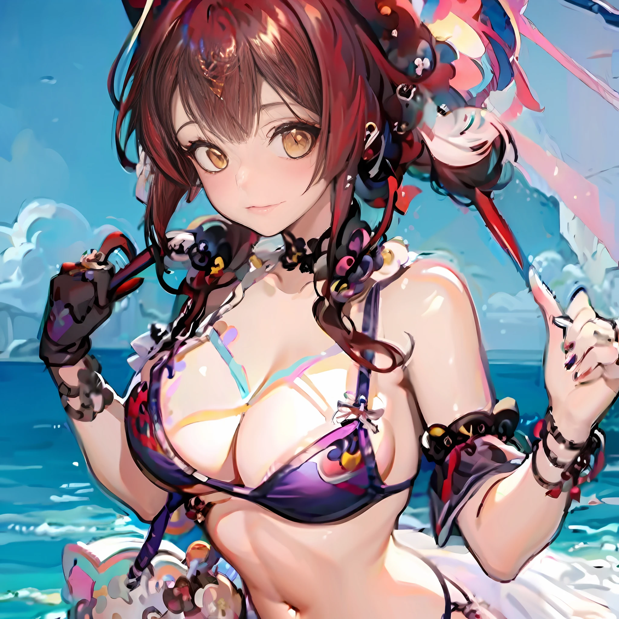 Anime girl in bikini with umbrella and bow in pool, swimsuit, Pisif, at pixiv, rias gremory, bathing suit, seductive anime girls, Sling bikini, Attire: Bikini, Pisif 3DCG, Highest rated on Pisif, Pisif Contest Champion, Bikini. background of hell. gore, Pisif daily ranking, in a bikini