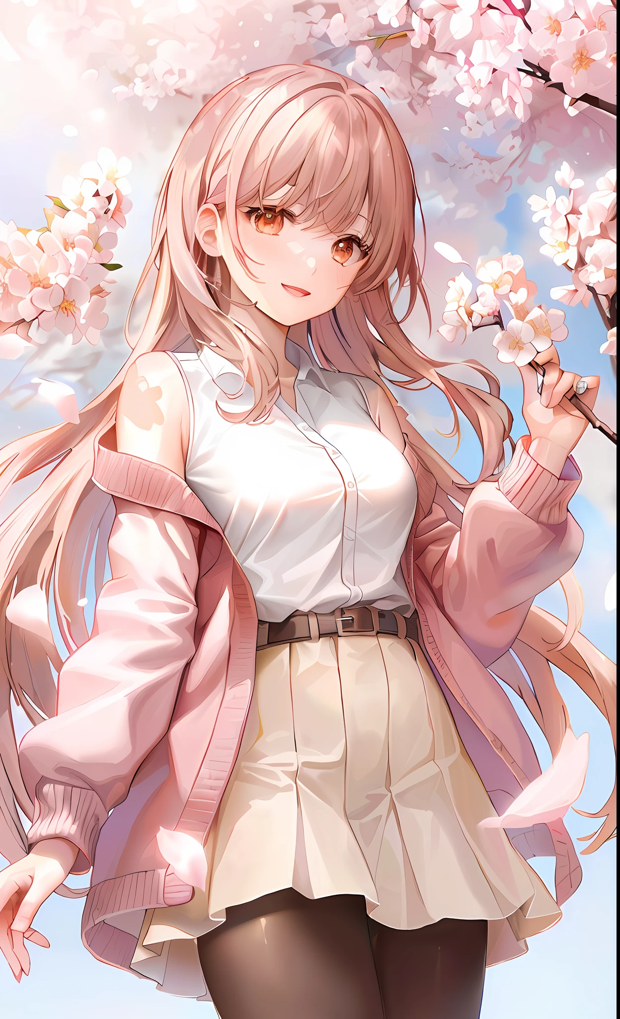 Anime girl with long hair and pink jacket holding a flower, sakura petals around her, sakura bloomimg, anime visual of a cute girl, sakura haruno, Sakura Kinomoto, clean and meticulous anime art, sakura season, High Quality Anime Art Style, Beautiful anime girl, trending on artstation pixiv, a beautiful anime portrait, Digital anime illustration, Official artwork